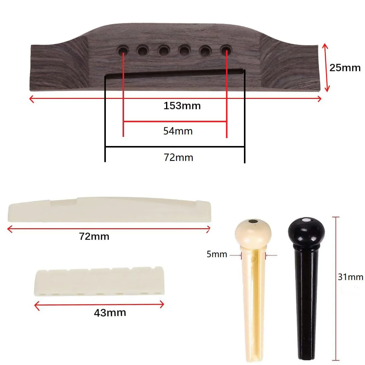 6 String Guitar Bridge Saddle Nut Pins Replacement Parts Set, Guitar Rosewood Bridge, 6Pcs Bridge Pins, End Pin, Guitar 6 String, Saddle and Nut Accessories for Acoustic Folk Guitar Black - Image 6