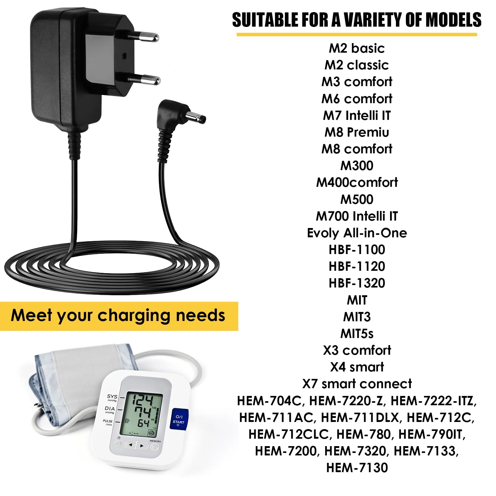 6 V Power Supply Charger for Omron Blood Pressure Monitor, AC Power Adapter Blood Pressure Monitors for Omron M7 M500 M700 M3 M5 Series, 1.4 m Replacement Power Supply Charging Cable Compatible with - Image 2