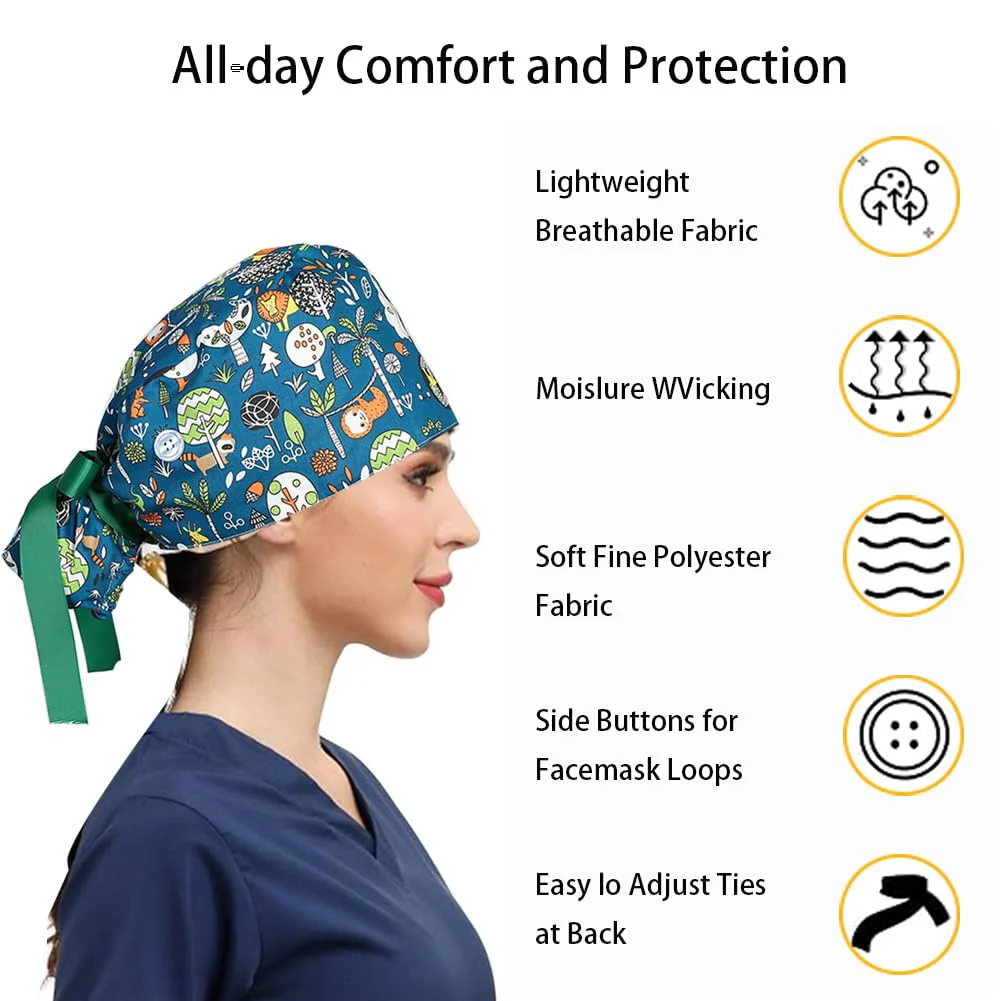 6 x Women's Surgical Caps with Satin Lining, Adjustable Fabric with Button, Ponytail Work Cap with Sweatband Hoods, Cotton Print Surgical, Chef's Hat, Dust Cap, One Size, multicoloured - Image 2
