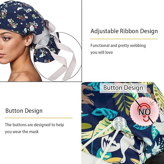6 x Women's Surgical Caps with Satin Lining, Adjustable Fabric with Button, Ponytail Work Cap with Sweatband Hoods, Cotton Print Surgical, Chef's Hat, Dust Cap, One Size, multicoloured - Image 4