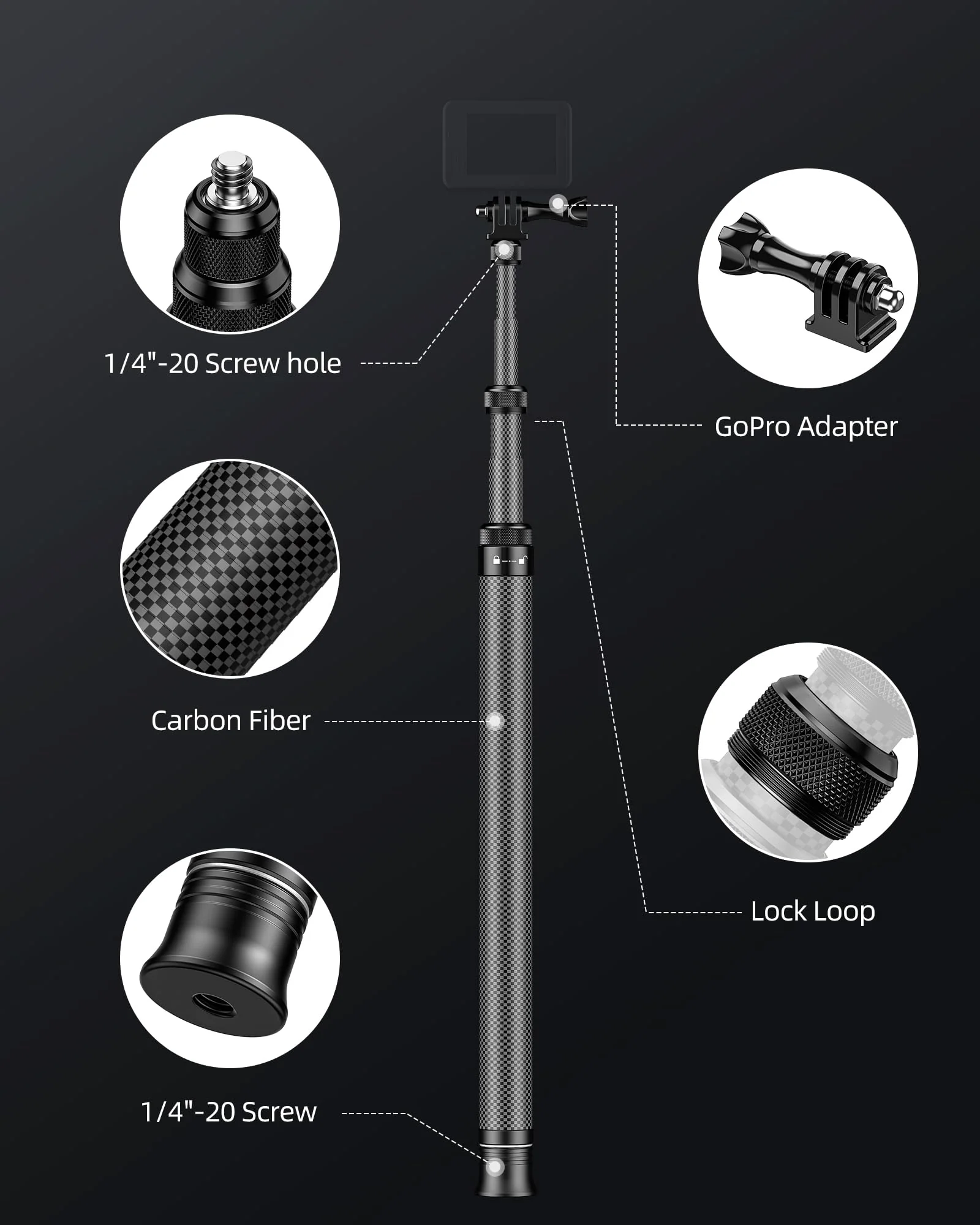 60"/1.5m Invisible Selfie Stick Carbon Fiber, 5ft Extended Long Pole Compatible with Insta360 X4 X3 ONE X2, ONE R, ONE X, ONE GO 3S 3 2 Action 360 Camera (14.2 to 60") - Image 4