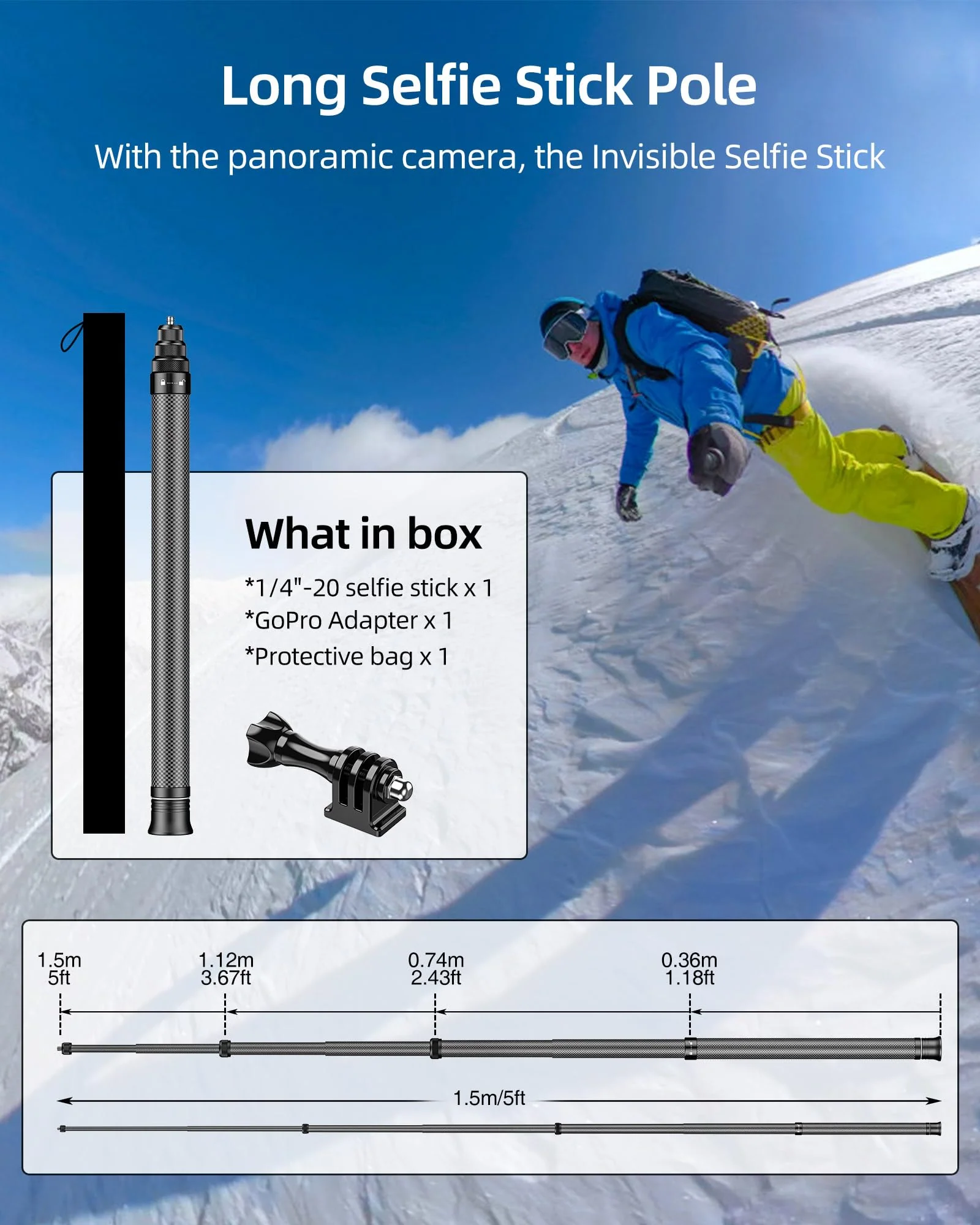 60"/1.5m Invisible Selfie Stick Carbon Fiber, 5ft Extended Long Pole Compatible with Insta360 X4 X3 ONE X2, ONE R, ONE X, ONE GO 3S 3 2 Action 360 Camera (14.2 to 60") - Image 7
