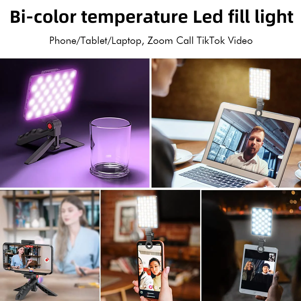 60 LED High Power Rechargeable Clip Fill Video Conference Light with Front & Back Clip, Adjusted 3 Light Modes for Phone, iPhone, Android, iPad, Laptop, for Makeup, TikTok, Selfie, Vlog 2000 Mah - Black - Image 3