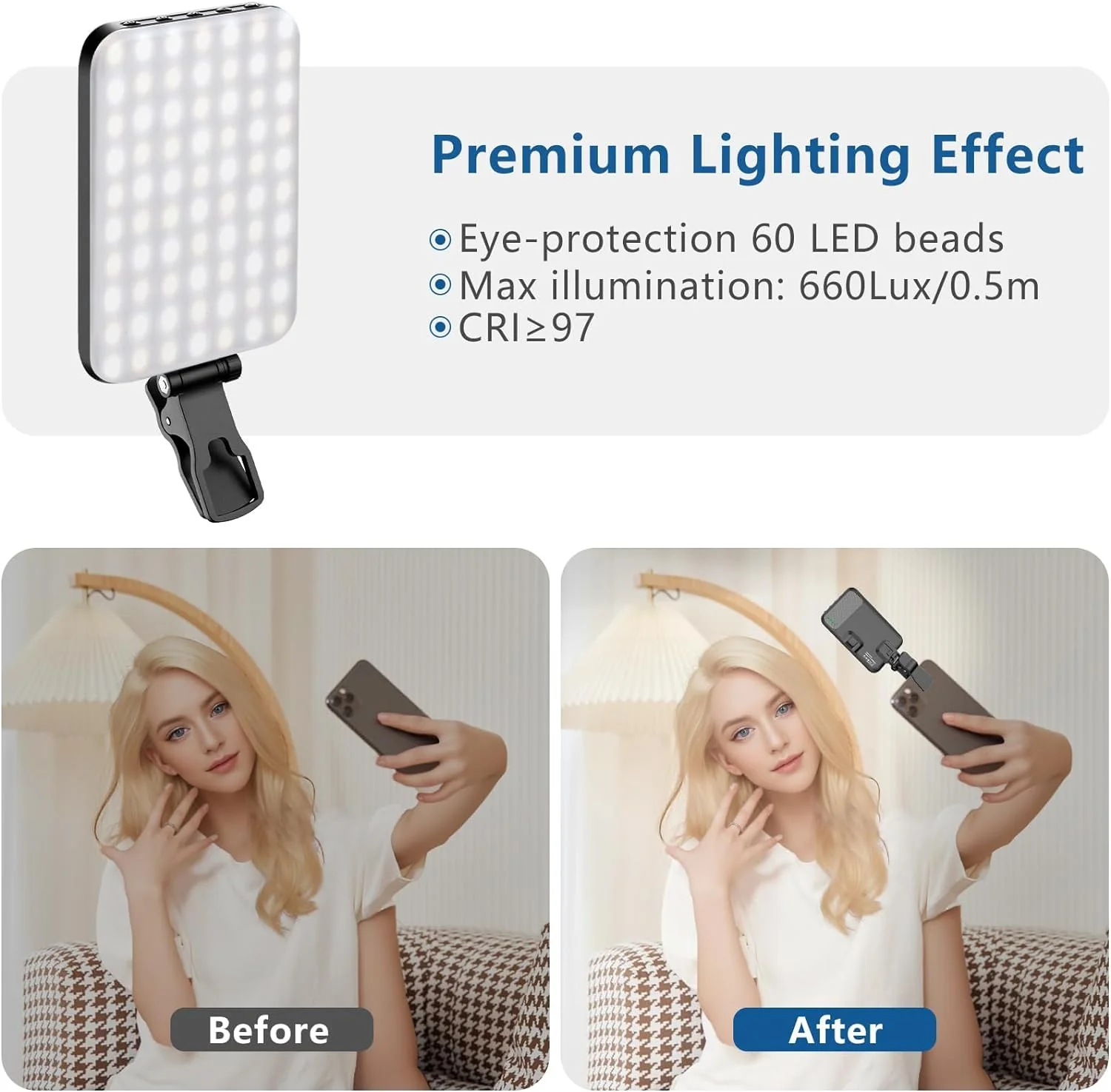 60 LED High Power Rechargeable Clip Fill Video Conference Light with Front & Back Clip, Adjusted 3 Light Modes for Phone, iPhone, Android, iPad, Laptop, for Makeup, TikTok, Selfie, Vlog 2000 Mah - Black - Image 4