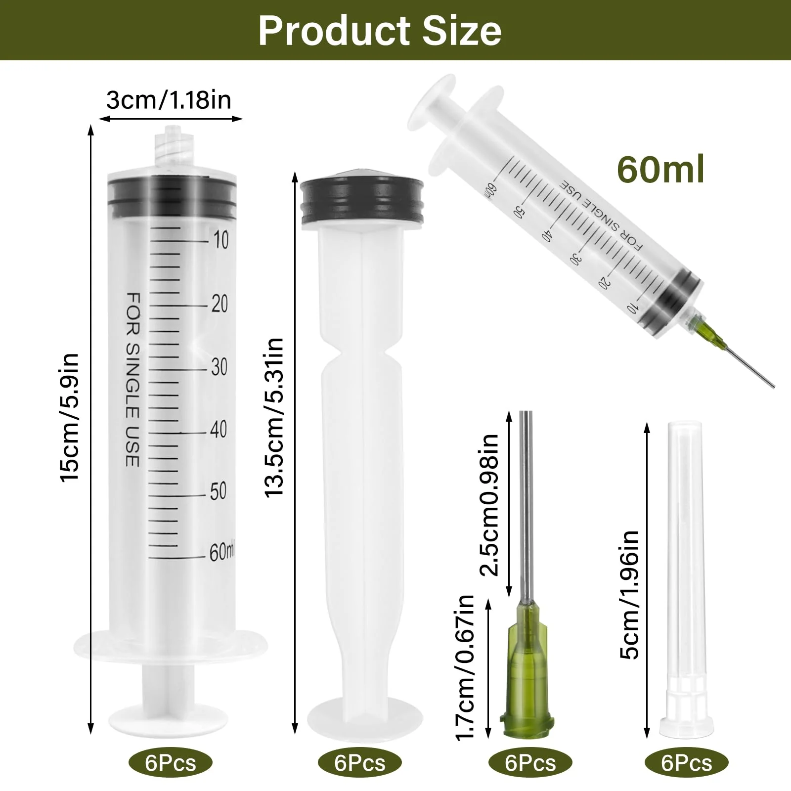 60 ml Plastic Syringe, Pack of 6 Syringes with Needle, Reusable Dosing Syringe, Syringe with 6 Needle Caps, Syringes for Scientific Laboratories, Measuring Liquids Industry - Image 2