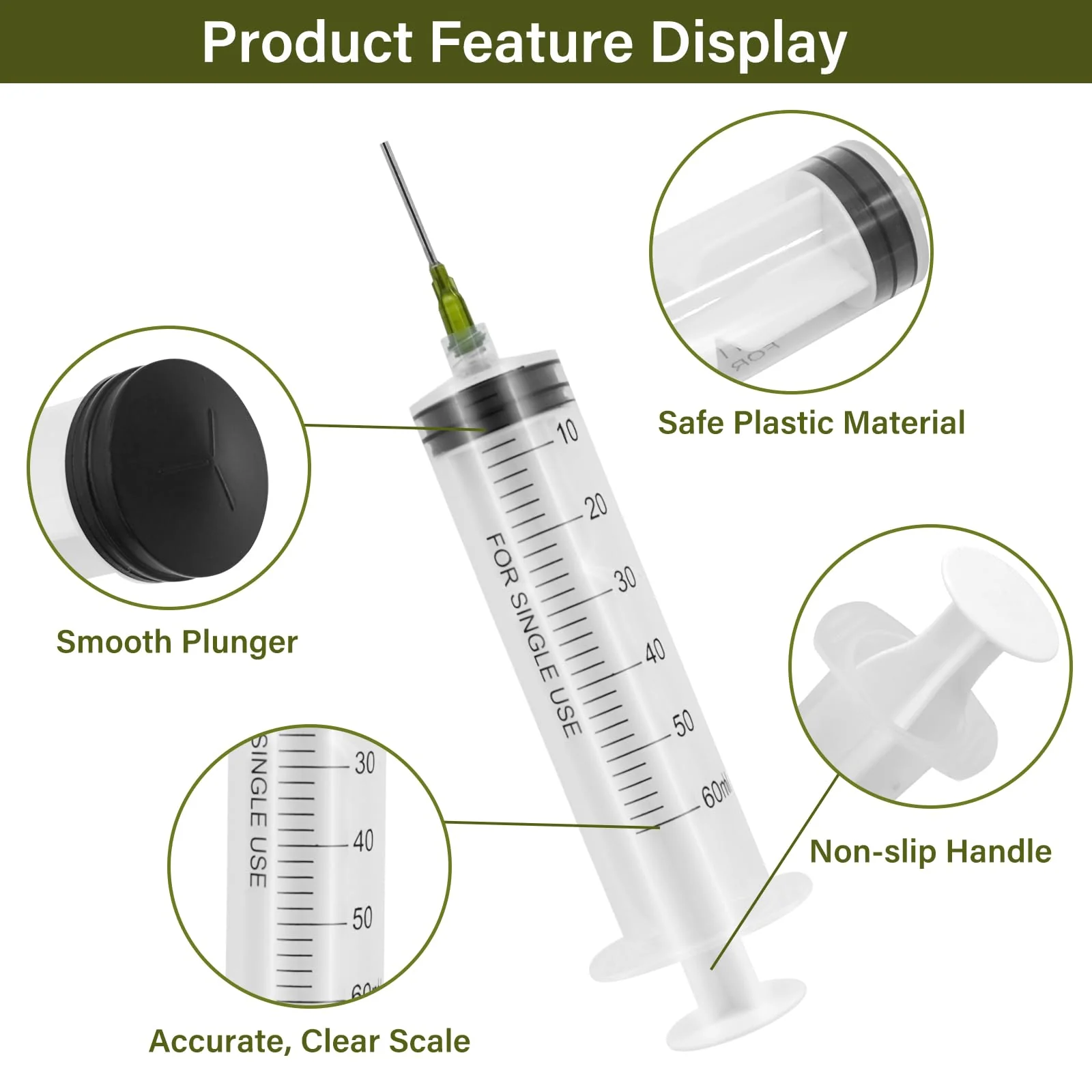 60 ml Plastic Syringe, Pack of 6 Syringes with Needle, Reusable Dosing Syringe, Syringe with 6 Needle Caps, Syringes for Scientific Laboratories, Measuring Liquids Industry - Image 4