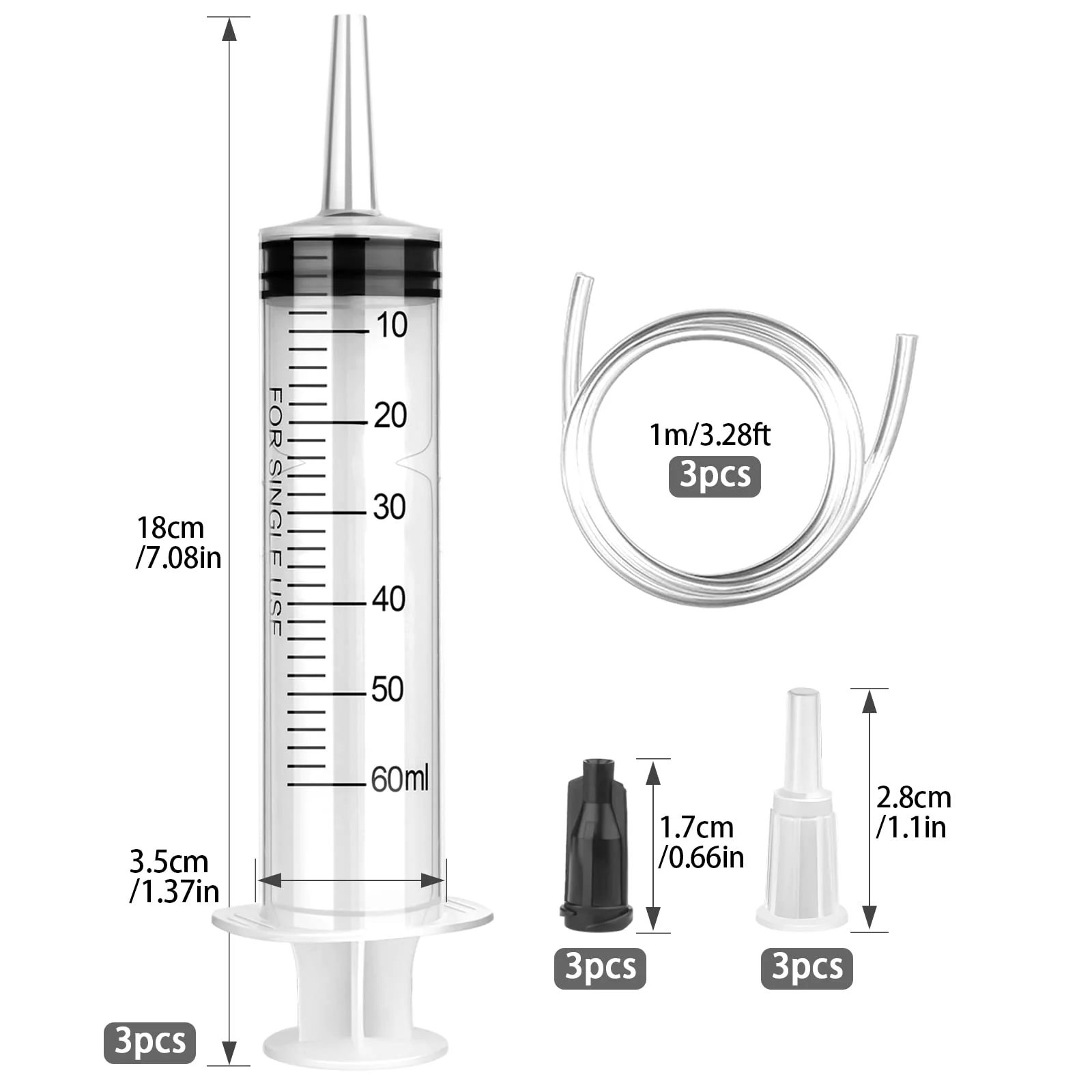 60 ml syringe with hose, 3 pieces reusable syringes 60 ml (50 ml) set, syringe without needle for scientific laboratories, garden irrigation, industry - Image 2
