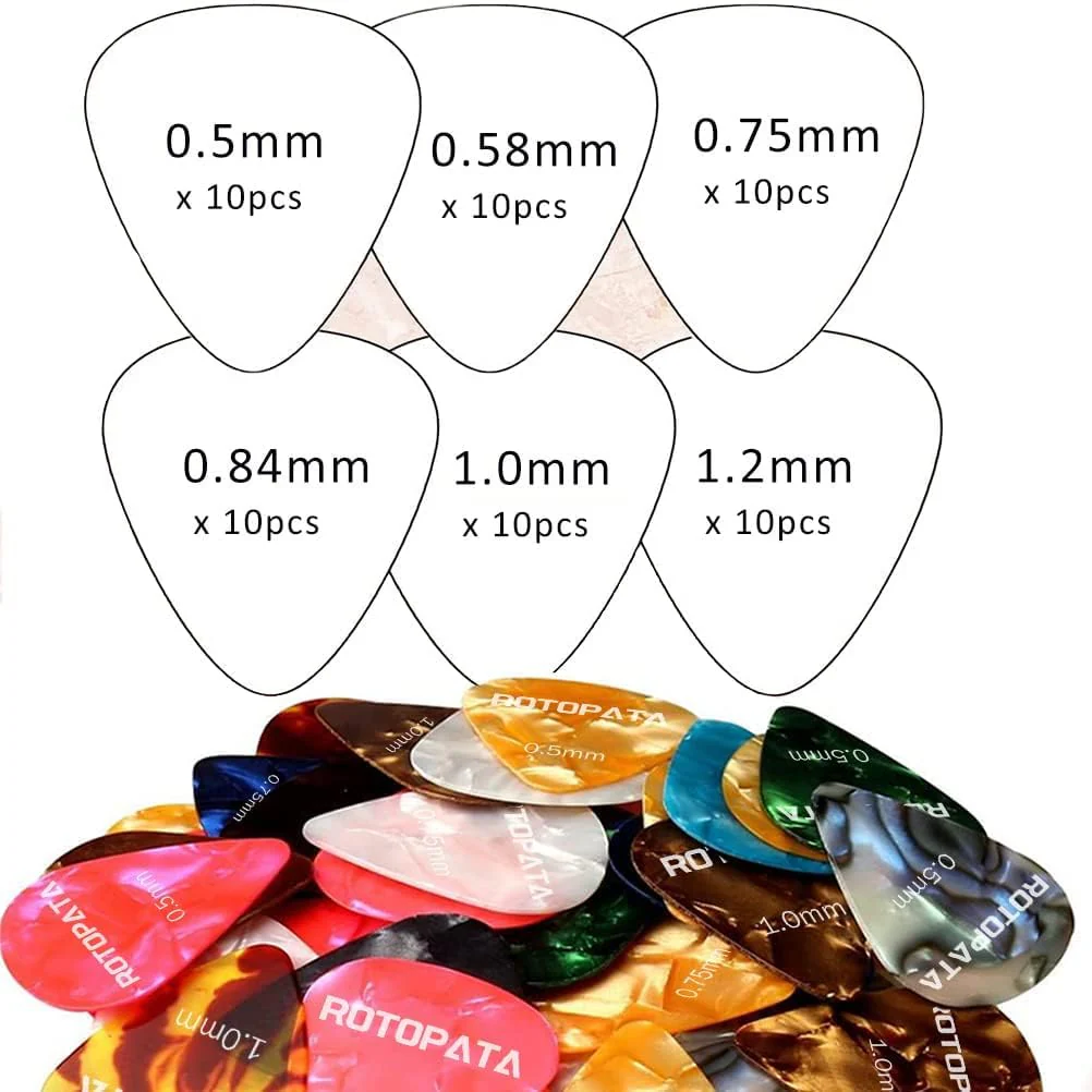 60 Pack Guitar Picks with Organizer Storage Box, 0.5 0.58 0.75 0.84 1.0 1.2mm Includes Thin Medium Heavy Thickness & Variety Colorful Celluloid Plectrums for Bass Electric Acoustic Guitars Ukulele - Image 2