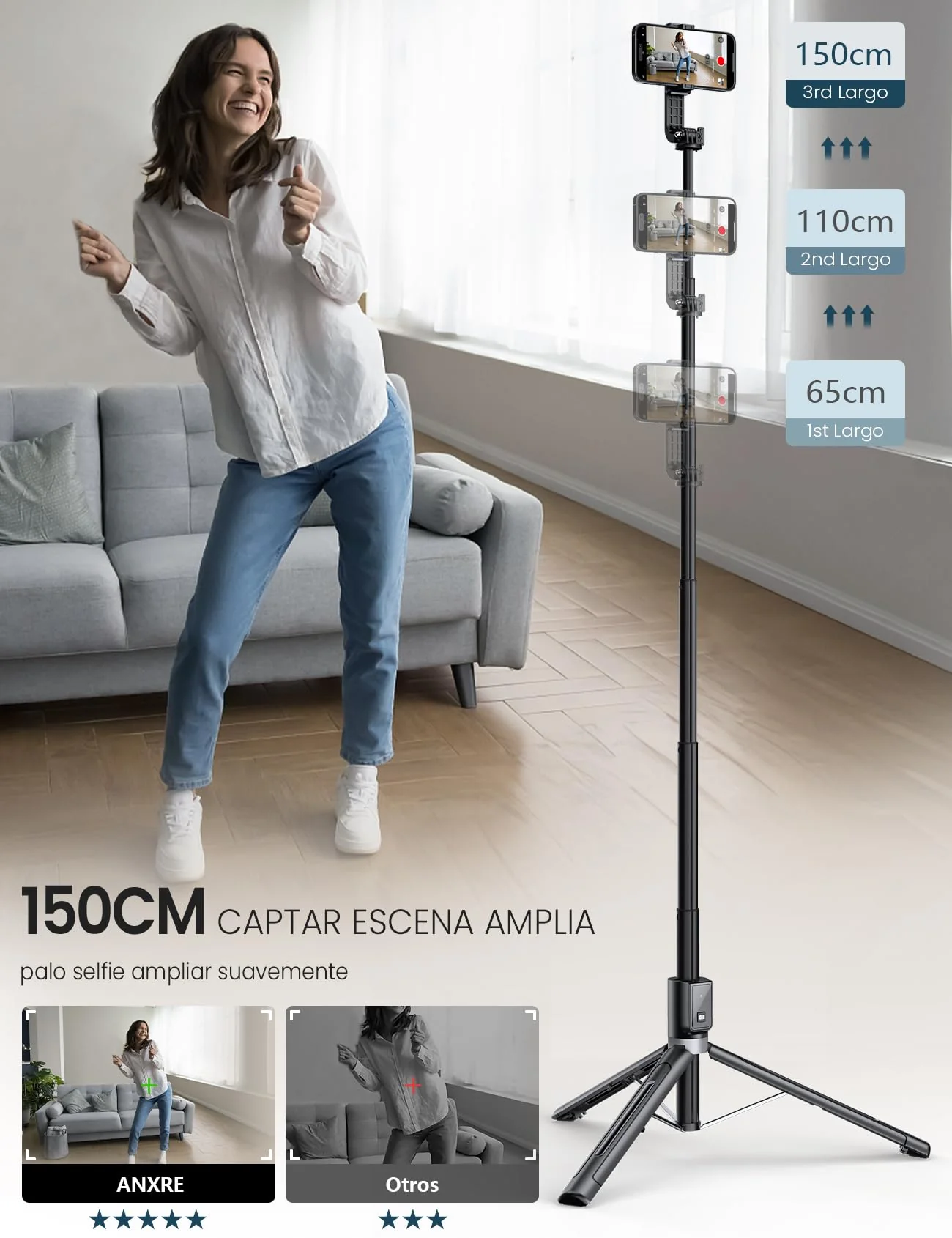 60" Phone Tripod & Selfie Stick Tripod with 2 Lights,Wireless Phone Selfie Stick Tripod Compatible with 4''-7'' iPhone/Android Samsung Smartphones Selfie Stick for Travel Video Record Vlog Black - Image 4