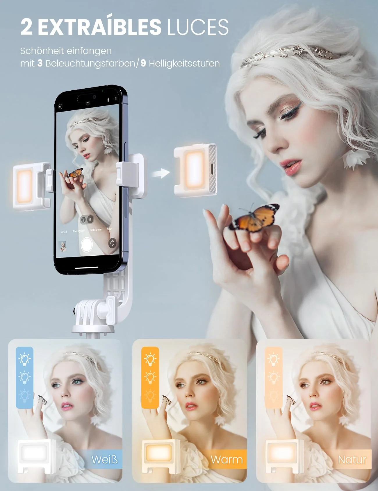 60" Phone Tripod & Selfie Stick with Light, [All in 1] Travel Phone Tripod Selfie Stick Tripod with Remote for Cell Phone Compatible with 4''-7'' iPhone Android Phone Tripod Stand for Vlogging White - Image 2