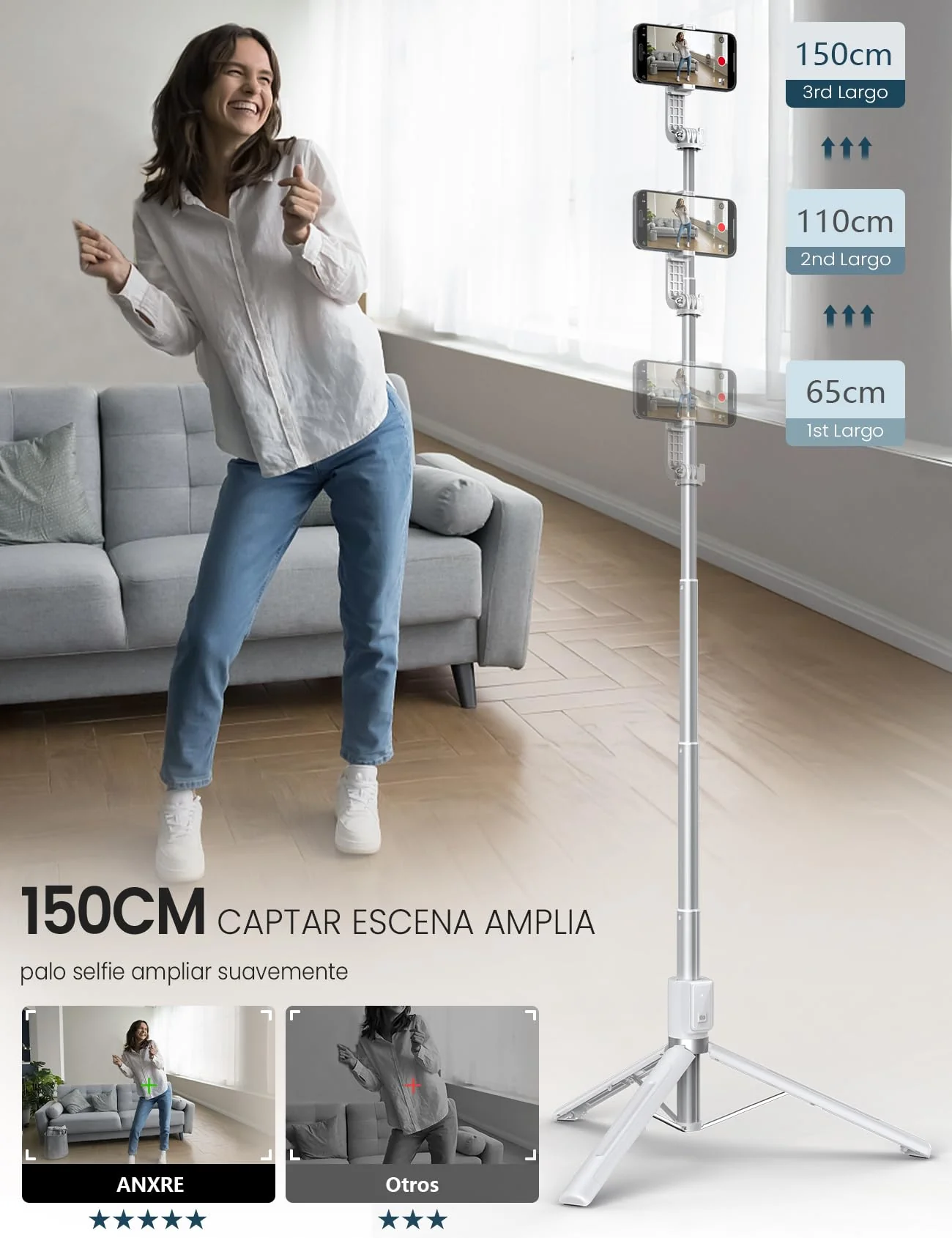 60" Phone Tripod & Selfie Stick with Light, [All in 1] Travel Phone Tripod Selfie Stick Tripod with Remote for Cell Phone Compatible with 4''-7'' iPhone Android Phone Tripod Stand for Vlogging White - Image 3