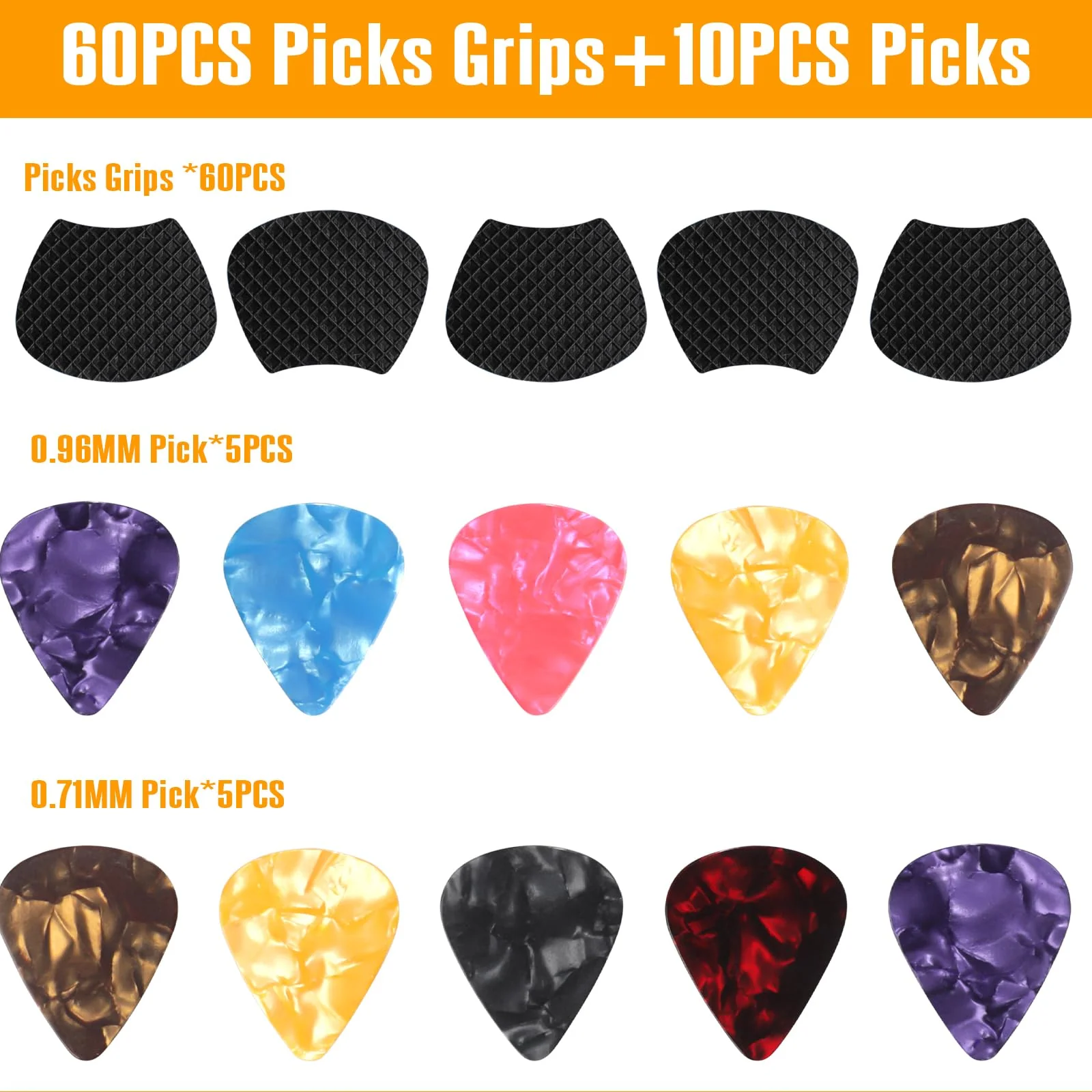 60pcs Guitar Picks Grips, Anti slip Silicone Soft Grips with 10 Guitar Picks, Two Different Thicknesses Guitar Picks, Self-Adhesive Guitar Pick Holder Black - Image 2