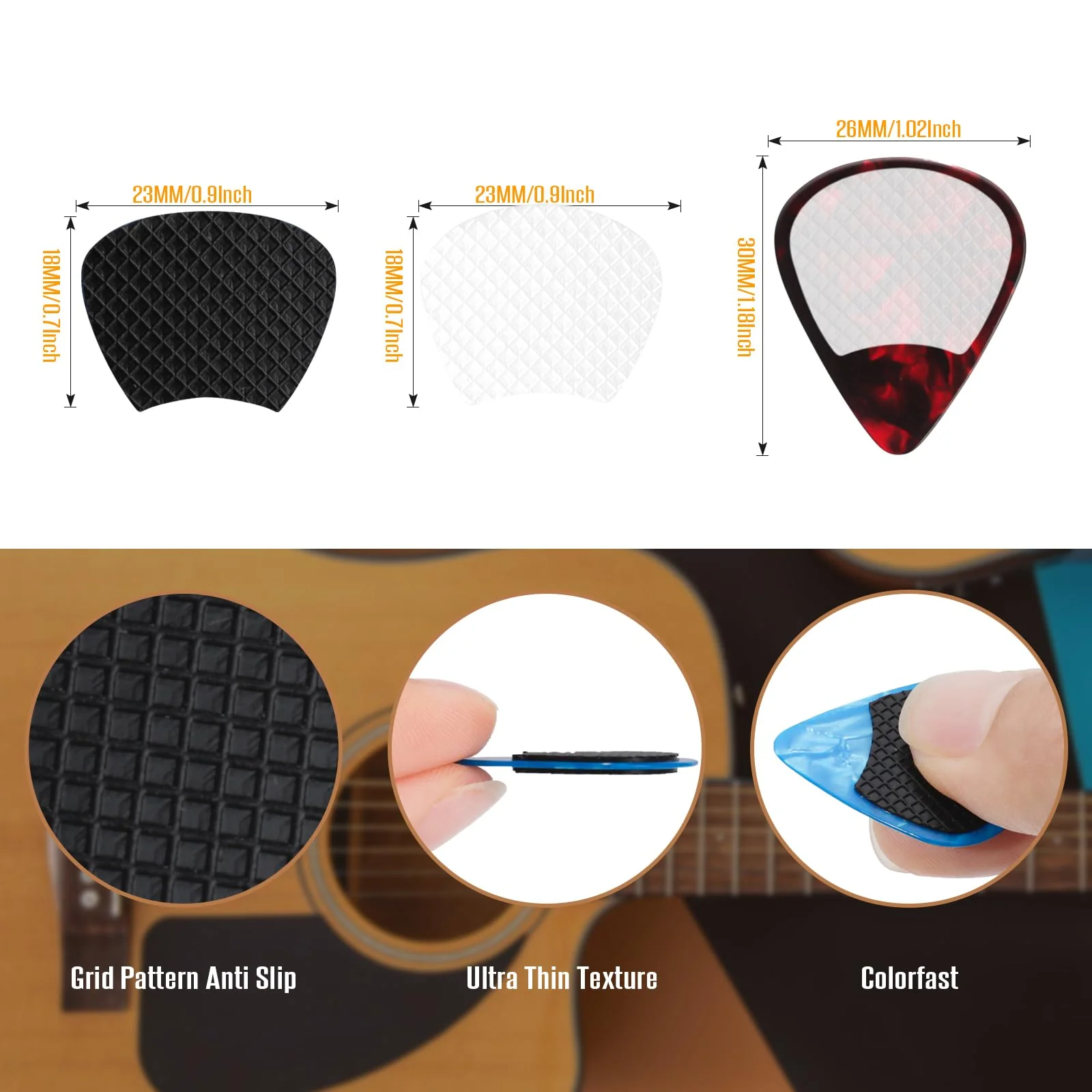60pcs Guitar Picks Grips, Anti slip Silicone Soft Grips with 10 Guitar Picks, Two Different Thicknesses Guitar Picks, Self-Adhesive Guitar Pick Holder Black - Image 3