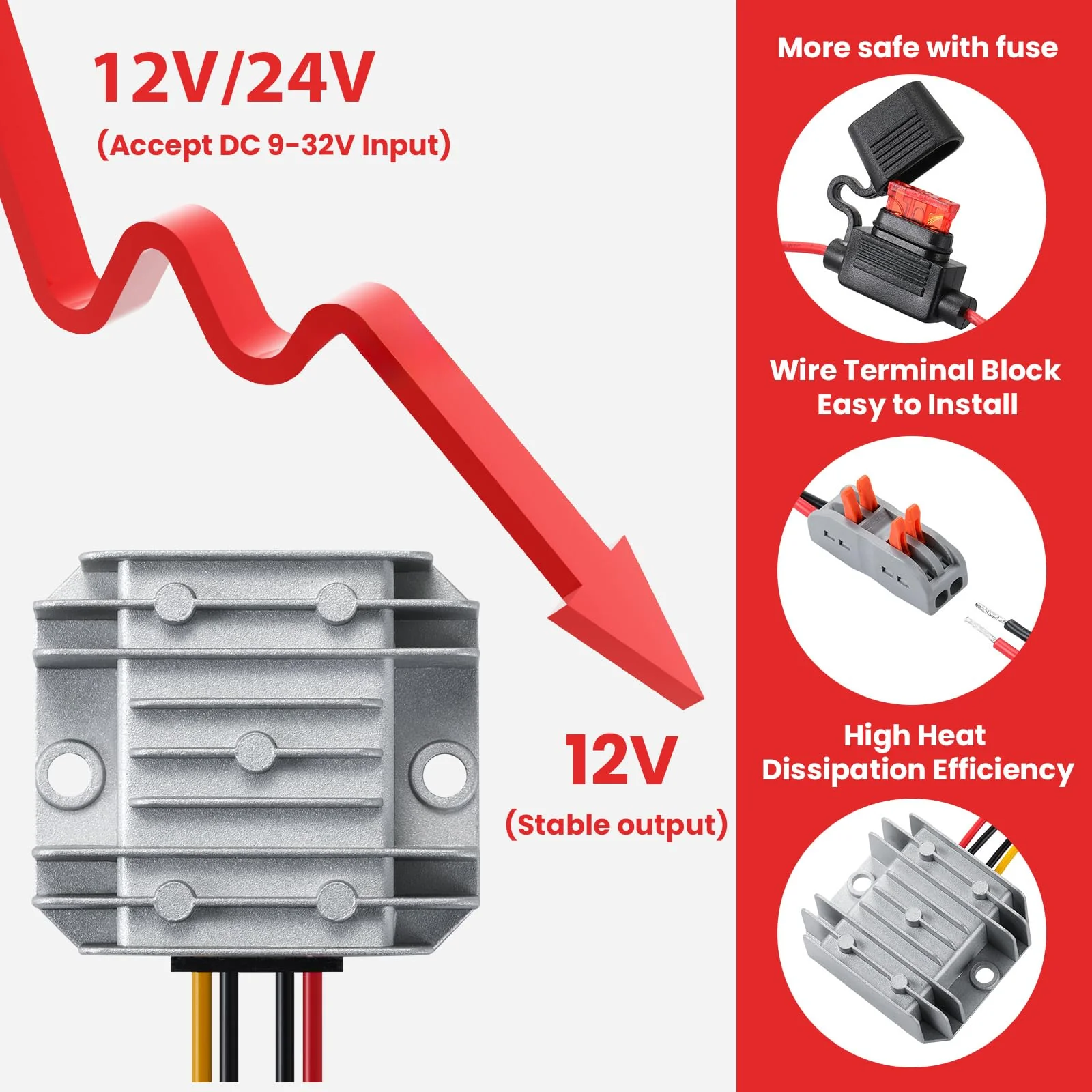 60W DC-DC Buck Converter 9V-32V to 12V 5A, Waterproof Car Power Supply, Voltage Regulator for CCTV, Solar Panel, RV, Truck, Audio System Gray-DC 9-32V to 12V 5A - Image 2