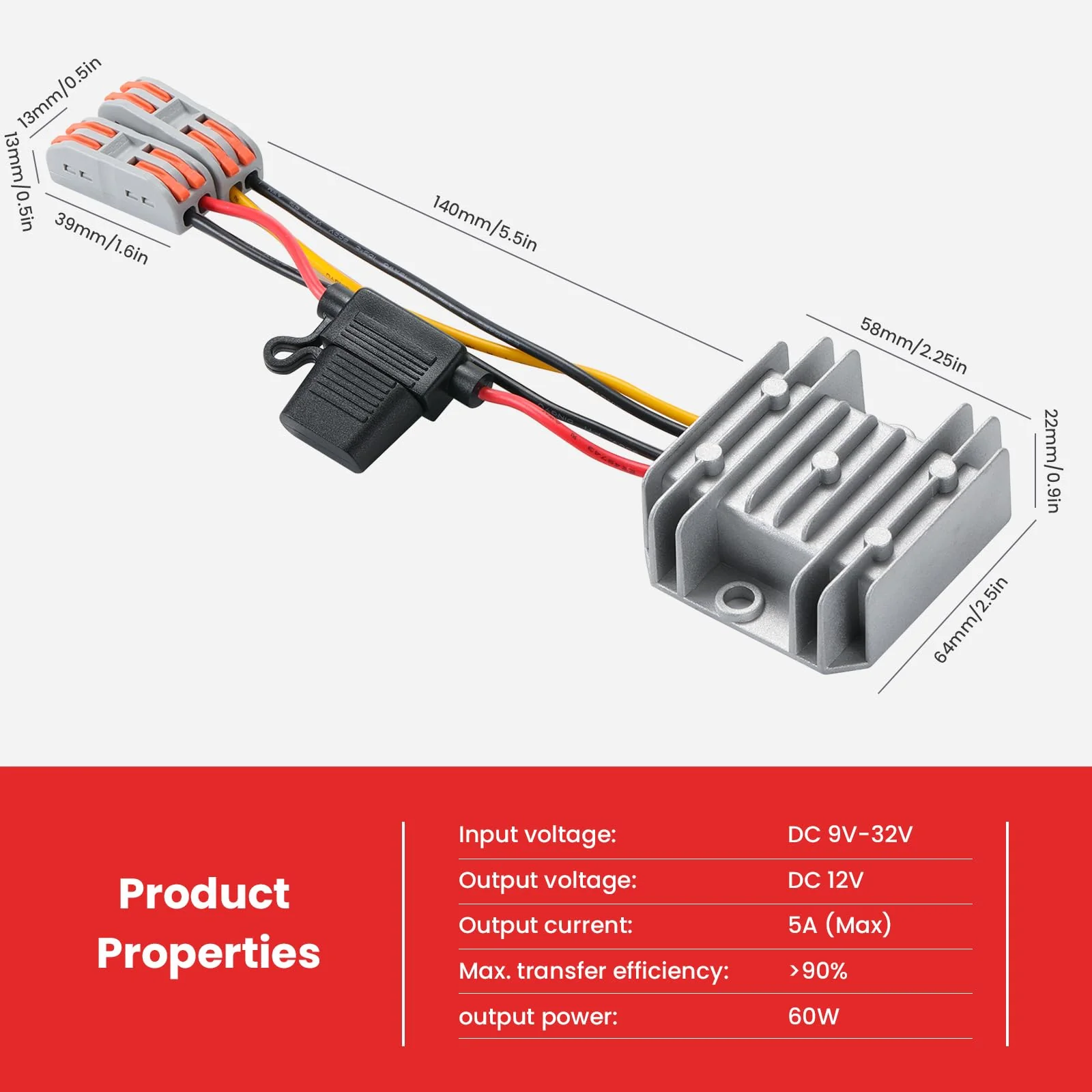 60W DC-DC Buck Converter 9V-32V to 12V 5A, Waterproof Car Power Supply, Voltage Regulator for CCTV, Solar Panel, RV, Truck, Audio System Gray-DC 9-32V to 12V 5A - Image 7