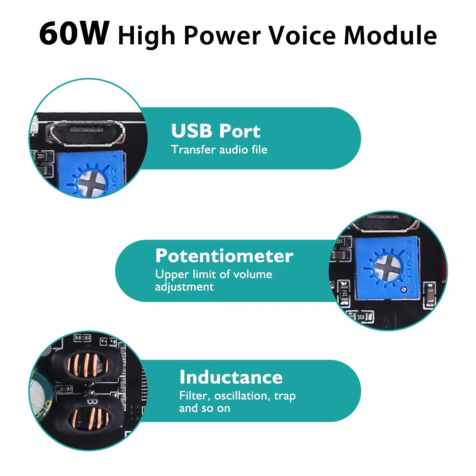 60W Voice Playback Module, PEMENOL DC 9-24V High Power Music Player Mp3 Trigger Amplifier 64Mbit Flash Storage Sound Board Support Sound and Light Alarm Present Electronics DIY 60W Biult-in Storage - Image 2