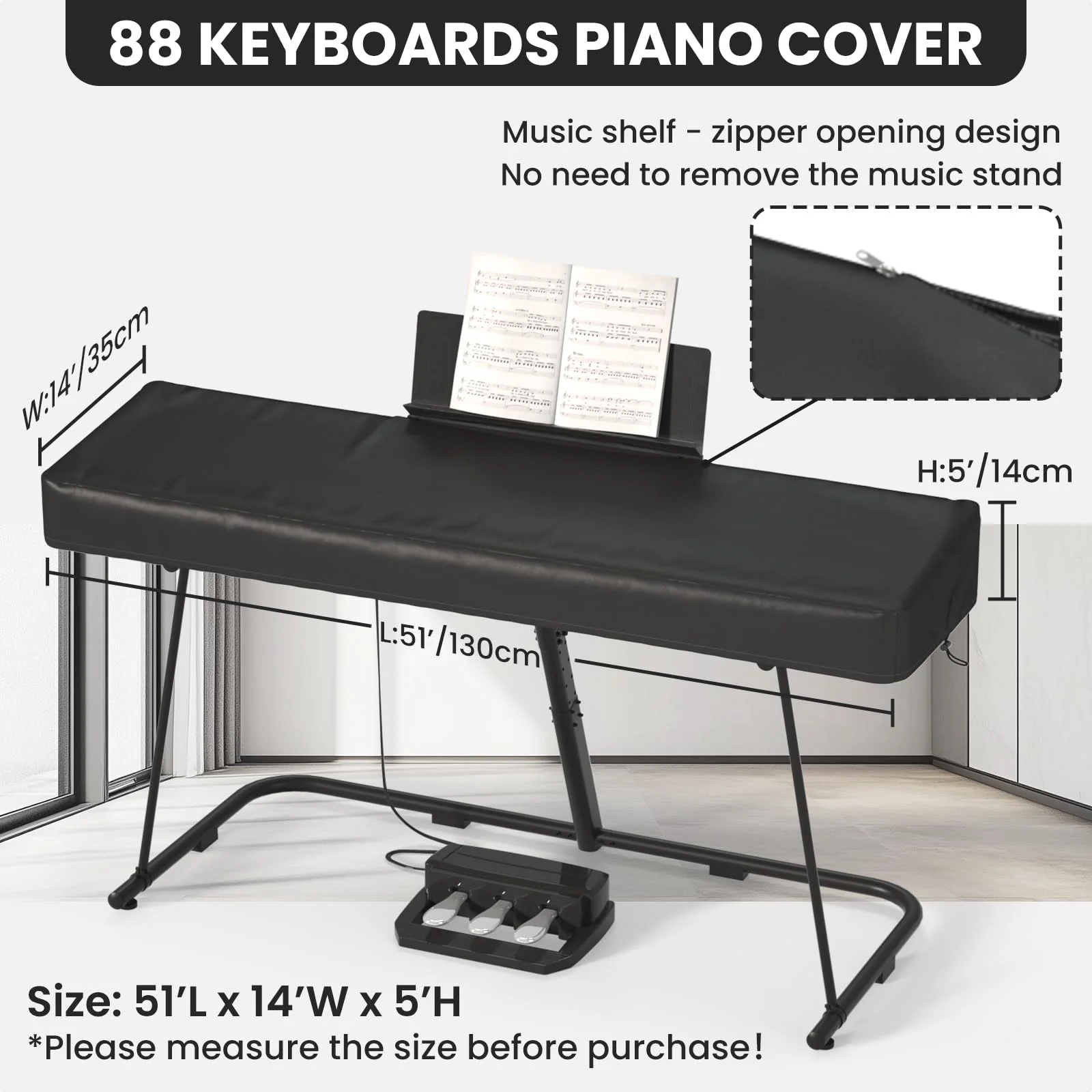 61/88 Keys Electric Piano Keyboard Dust Cover - Waterproof, Dustproof, Scratch-Resistant, Adjustable Fit, Machine Washable - 51.2"(L) x 14"(W) x 5"/4"(H) 88keys-black - Image 2