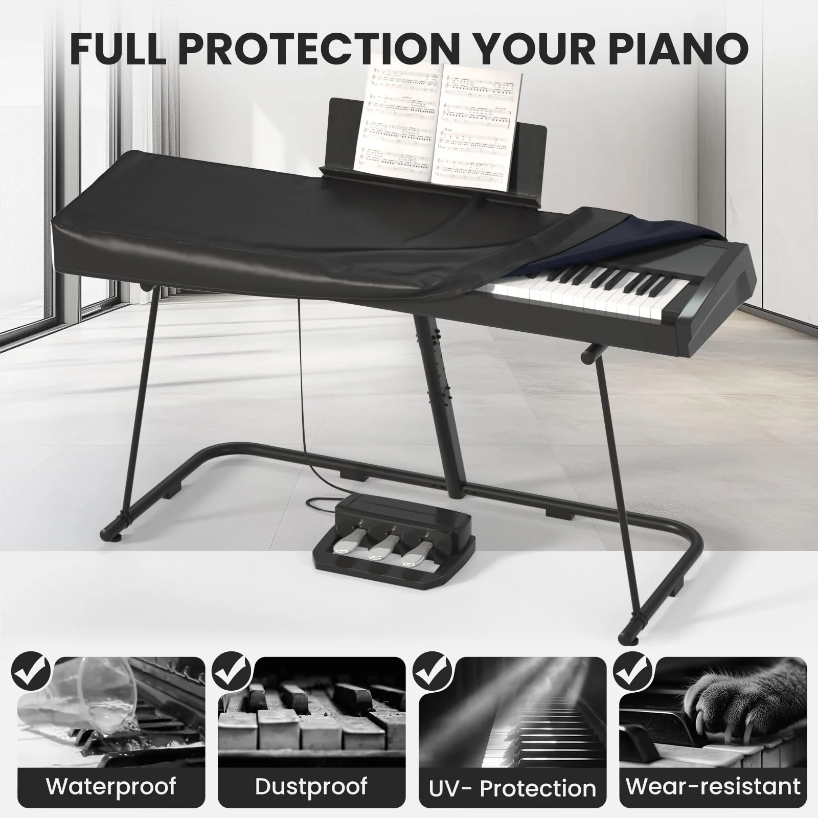 61/88 Keys Electric Piano Keyboard Dust Cover - Waterproof, Dustproof, Scratch-Resistant, Adjustable Fit, Machine Washable - 51.2"(L) x 14"(W) x 5"/4"(H) 88keys-black - Image 3
