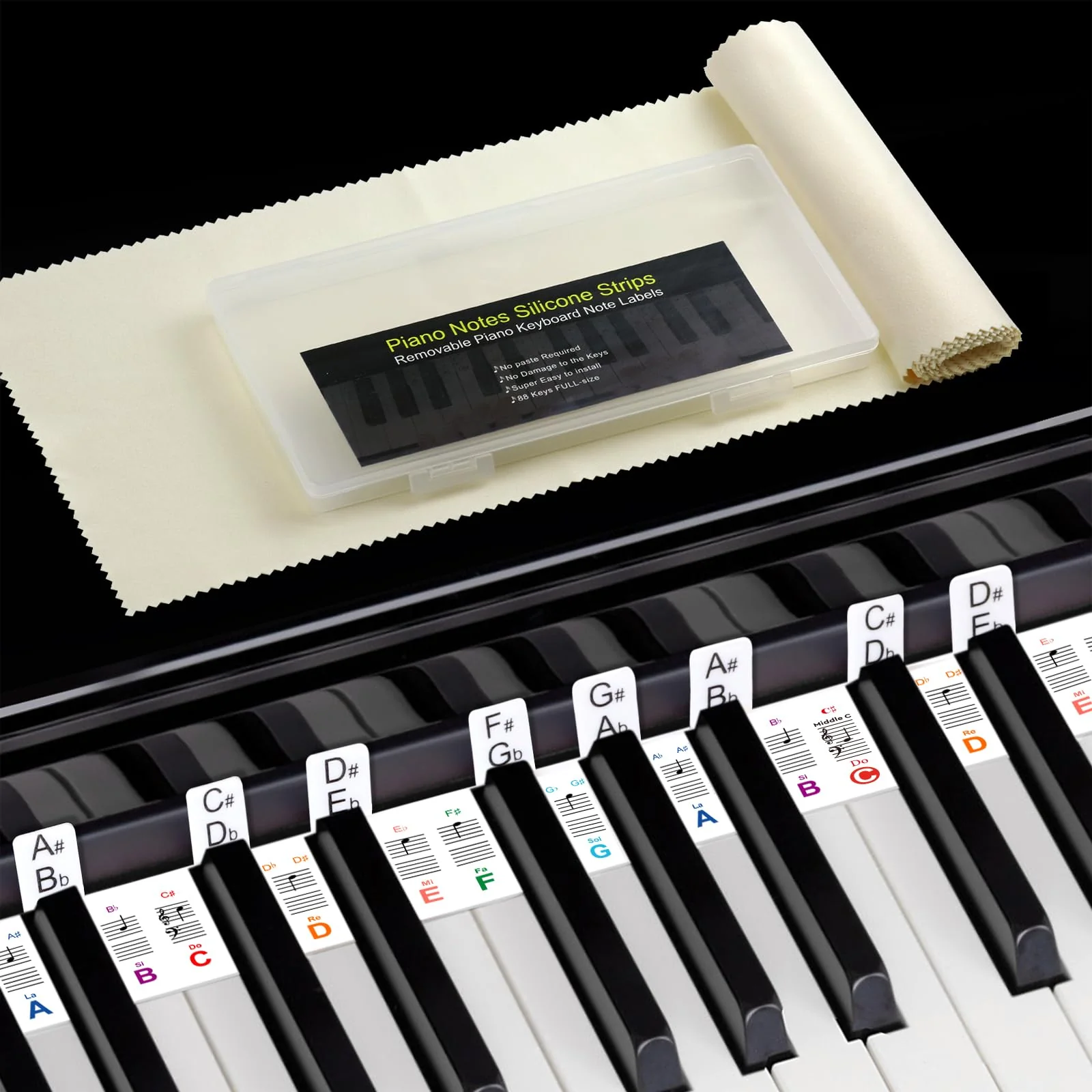 61 Keyboard Notes Guide with Black Keys Semitones,Non-Sticky Electric Piano Stickers with Dust Cover and Box,Easter Basket Stuffers-Color Double Spines 61-color - Image 2