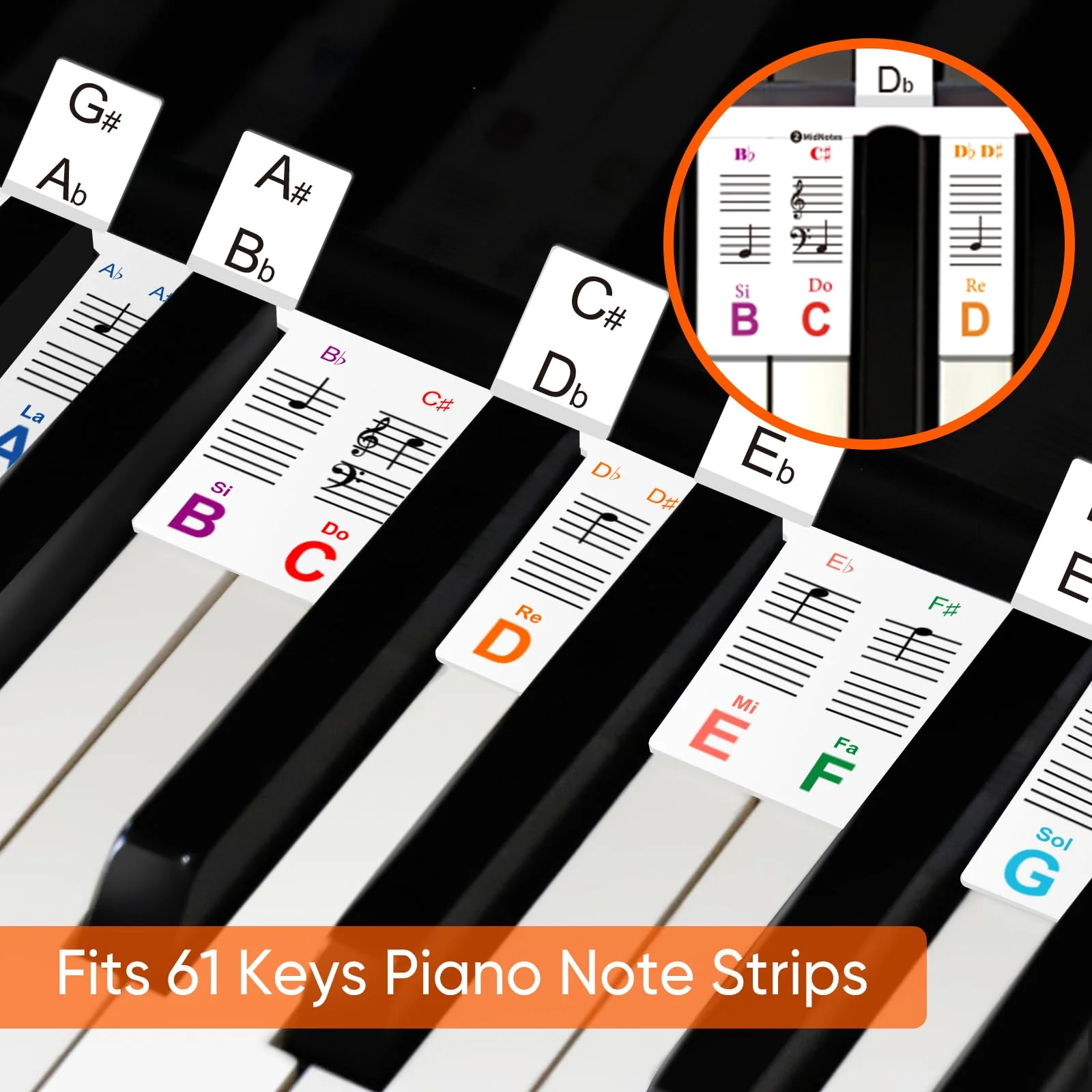 61 Keyboard Notes Guide with Black Keys Semitones,Non-Sticky Electric Piano Stickers with Dust Cover and Box,Easter Basket Stuffers-Color Double Spines 61-color - Image 3