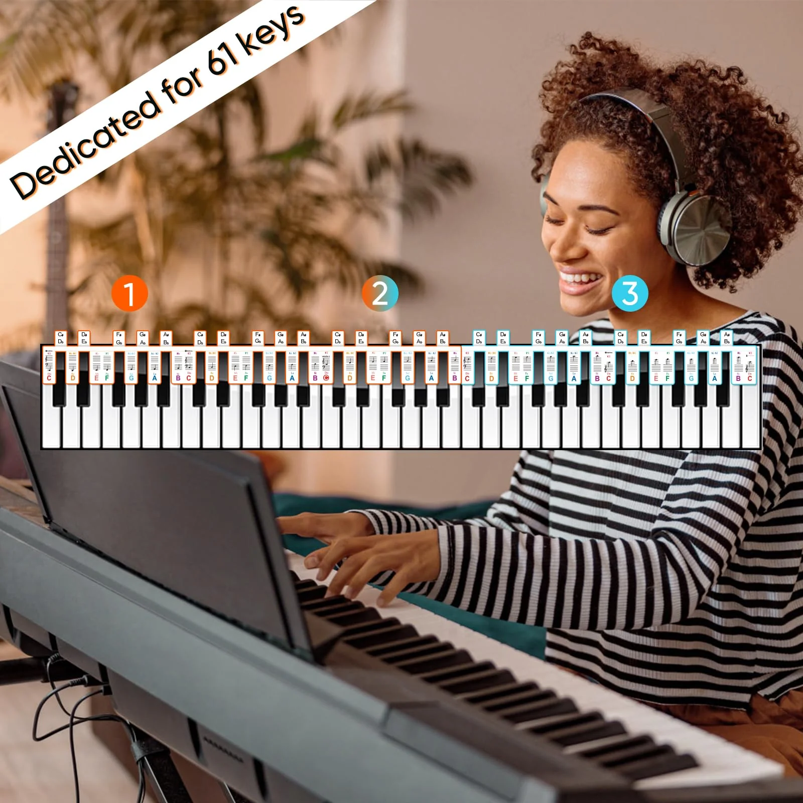 61 Keyboard Notes Guide with Black Keys Semitones,Non-Sticky Electric Piano Stickers with Dust Cover and Box,Easter Basket Stuffers-Color Double Spines 61-color - Image 6
