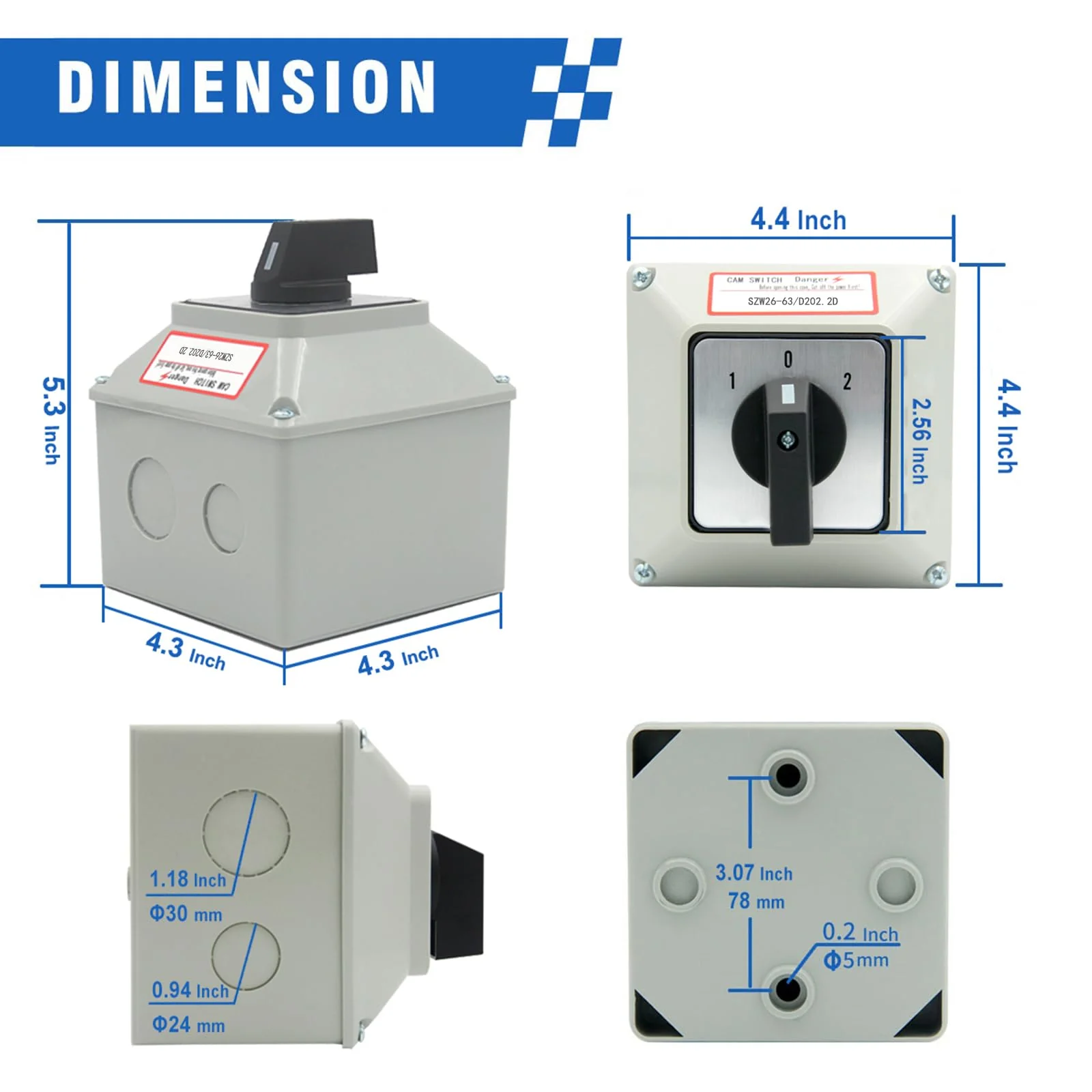 63A Rotary Changeover Switch with Master Switch Exterior Box, 660V 3 Position 2 Phase 8 Terminals Universal Selector Switch SZW26-63/D202.2D IP65 - Image 3