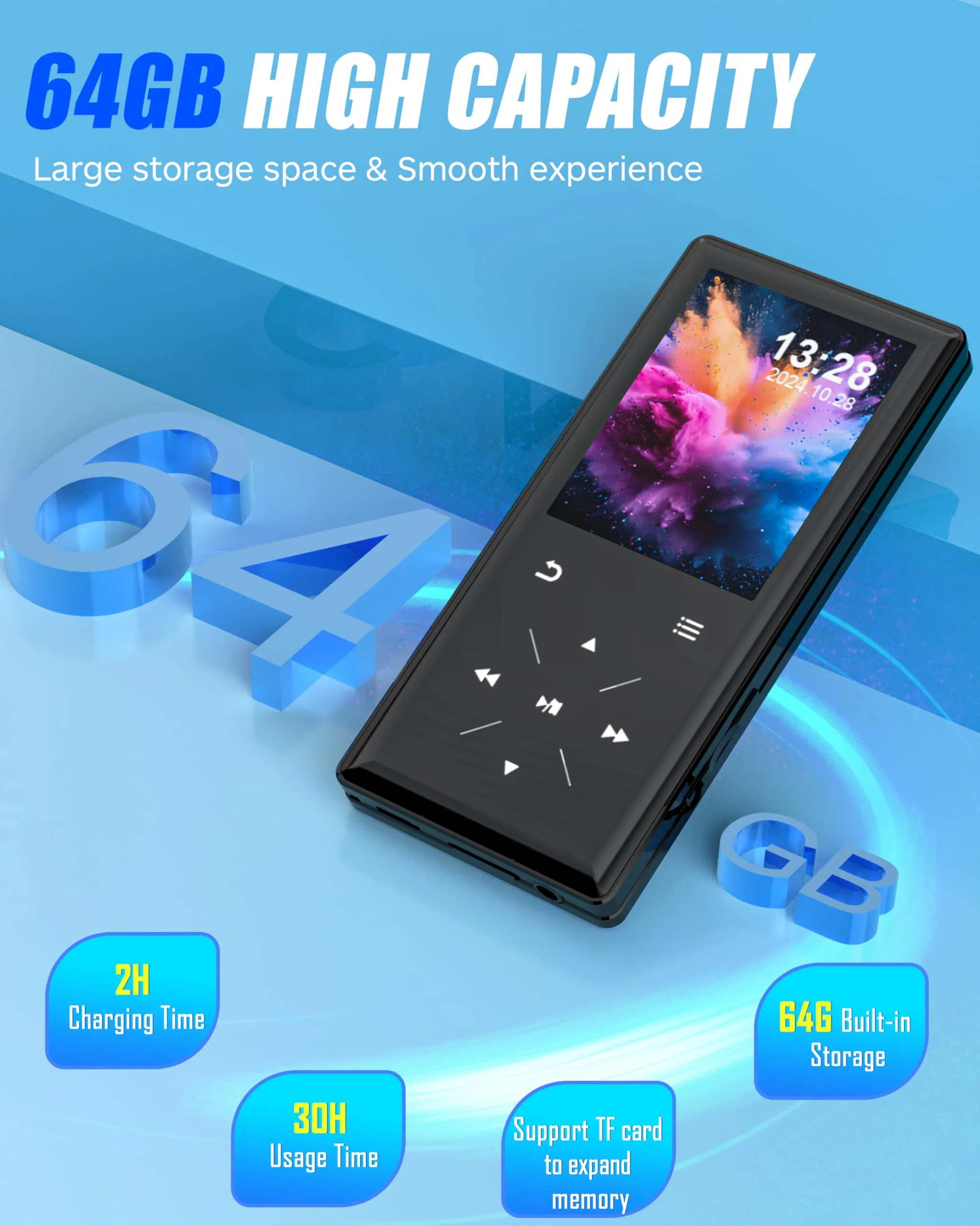 64GB Bluetooth MP3 Player - 2.4" Screen Portable HiFi Mp3 Player with Built-in Speaker, MP3 Music Player with Voice Recorder, FM Radio, Touch Buttons,Support up to 256GB SD Card - Image 4