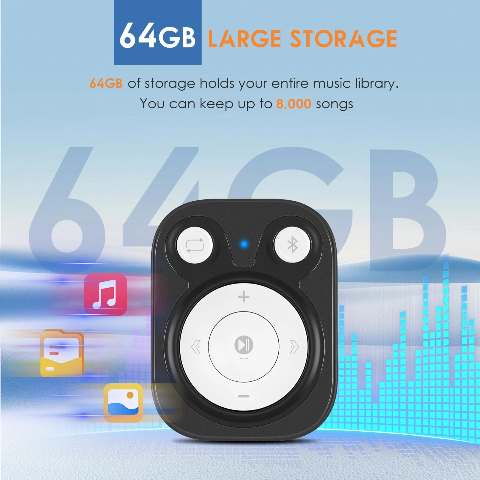 64GB Clip MP3 Player with Bluetooth 5.3: 15 Hrs Battery Mini Music Player, Earphones Included, 1000+ Songs Storage, No Phone Needed, Portable MP3 Players for Kids, Sports, Reading, Learning, Meetings 64GB Black - Image 2
