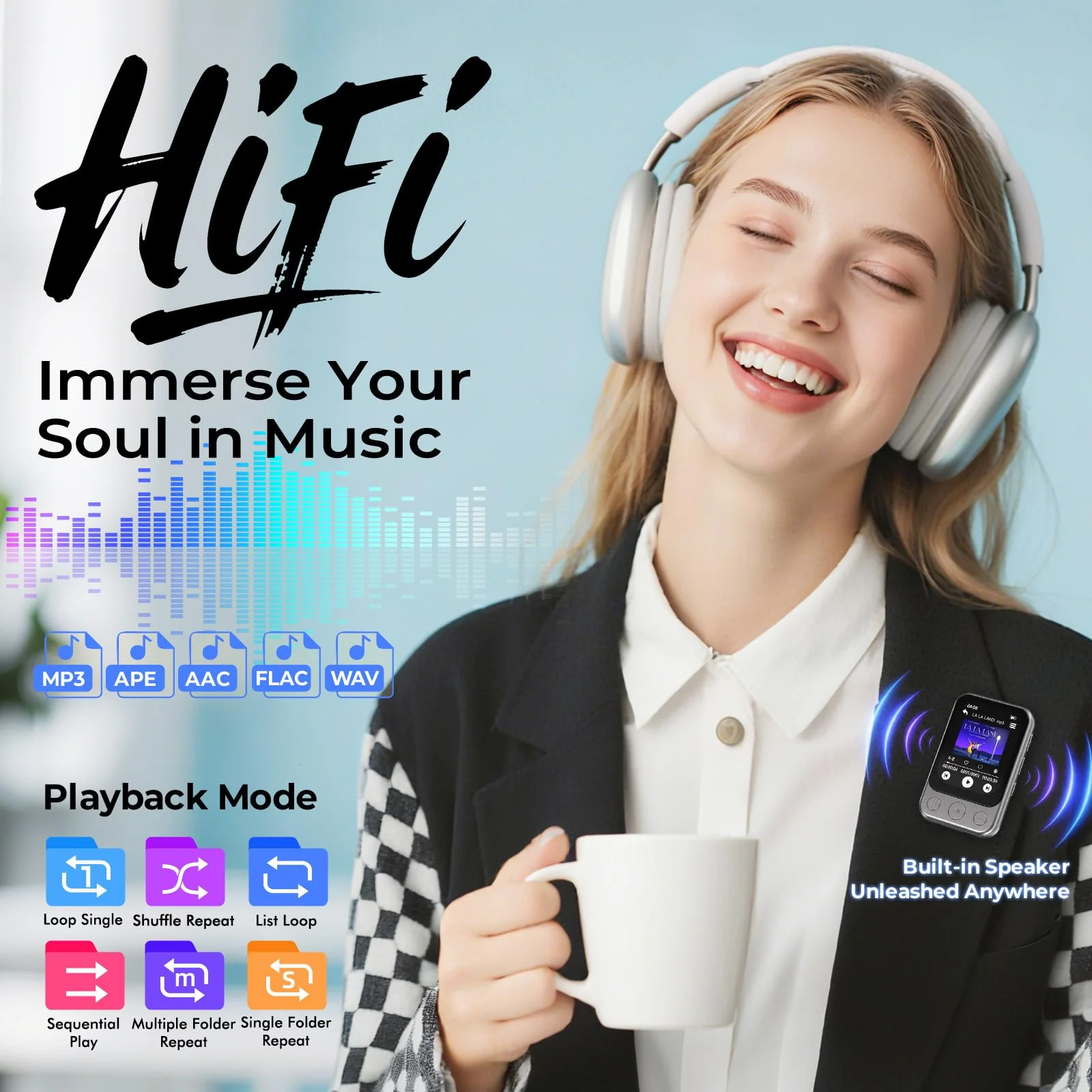 64GB Clip on MP3 Player with Bluetooth 5.3, Built-in Speaker, 2" HD Touchscreen, FM Radio, Voice Recorder, Portable Music Player for Running, Gym, Shuffle Audio Video, Up to 128GB MicroSD Card Gunmetal Grey - Image 5