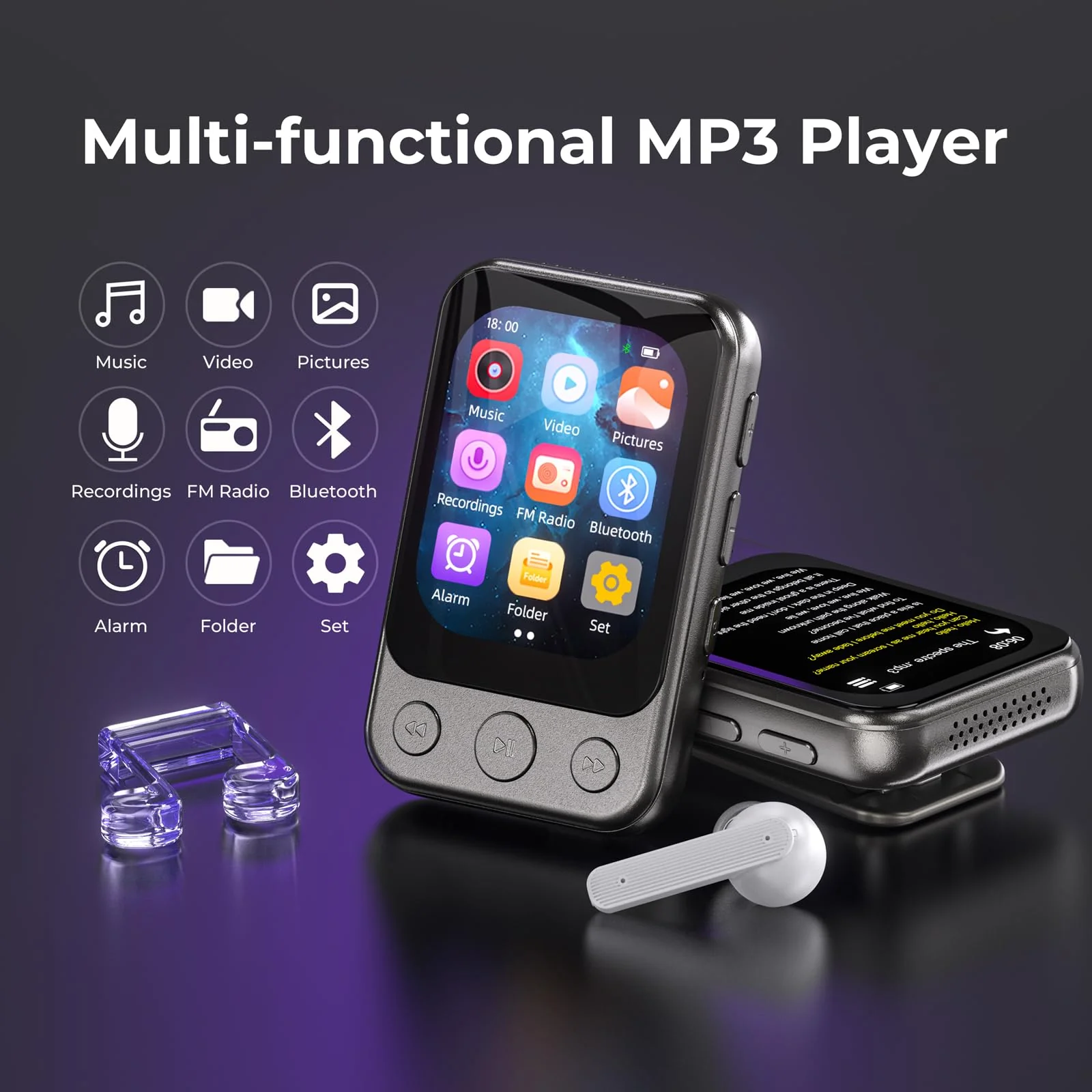 64GB Clip on MP3 Player with Bluetooth 5.3, Built-in Speaker, 2" HD Touchscreen, FM Radio, Voice Recorder, Portable Music Player for Running, Gym, Shuffle Audio Video, Up to 128GB MicroSD Card Gunmetal Grey - Image 8