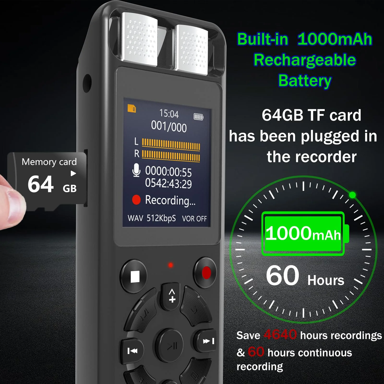 64GB Digital Voice Activated Recorder for Lectures&Meetings,Phone Connected via OTG,4640 Hours Audio Recorder with Tripod Stand,Recording Device with Playback,MP3 Player,Password,Variable Speed - Image 3