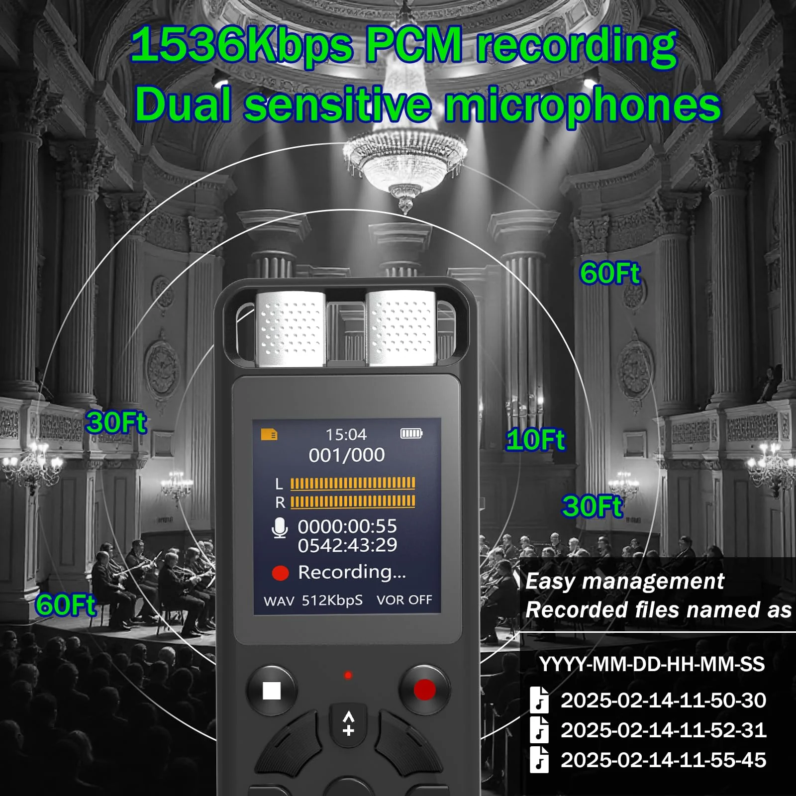 64GB Digital Voice Activated Recorder for Lectures&Meetings,Phone Connected via OTG,4640 Hours Audio Recorder with Tripod Stand,Recording Device with Playback,MP3 Player,Password,Variable Speed - Image 4