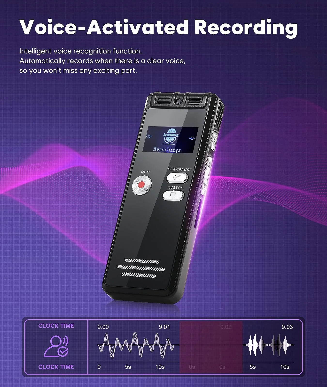 64GB Digital Voice Activated Recorder with Playback - 3072Kpbs HD Dual MIC Tape Voice Activated Recorder with Noise Reduction for Interviews/Meeting/Classes, 4608 Hours Audio Recording Device 601-64GB - Image 4
