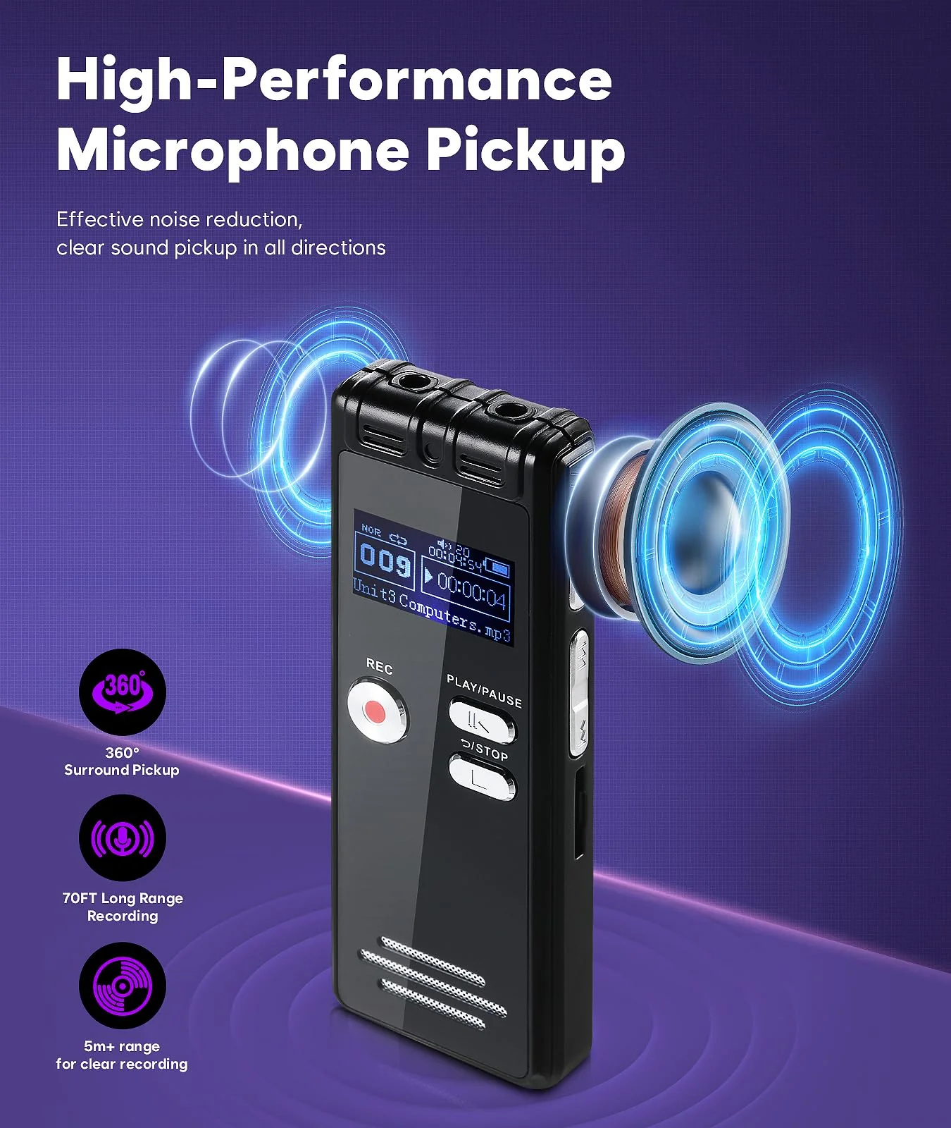 64GB Digital Voice Activated Recorder with Playback - 3072Kpbs HD Dual MIC Tape Voice Activated Recorder with Noise Reduction for Interviews/Meeting/Classes, 4608 Hours Audio Recording Device 601-64GB - Image 7