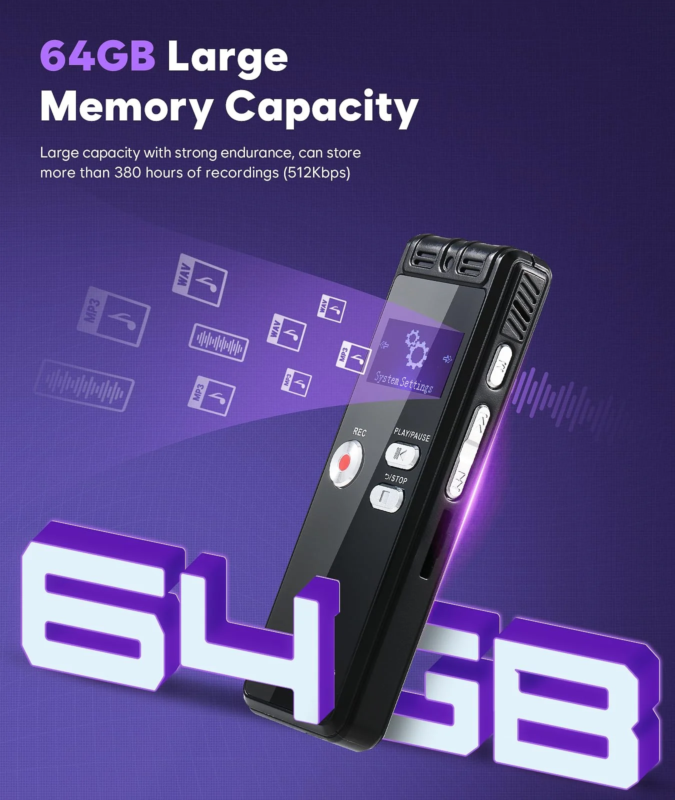 64GB Digital Voice Activated Recorder with Playback - 3072Kpbs HD Dual MIC Tape Voice Activated Recorder with Noise Reduction for Interviews/Meeting/Classes, 4608 Hours Audio Recording Device 601-64GB - Image 8