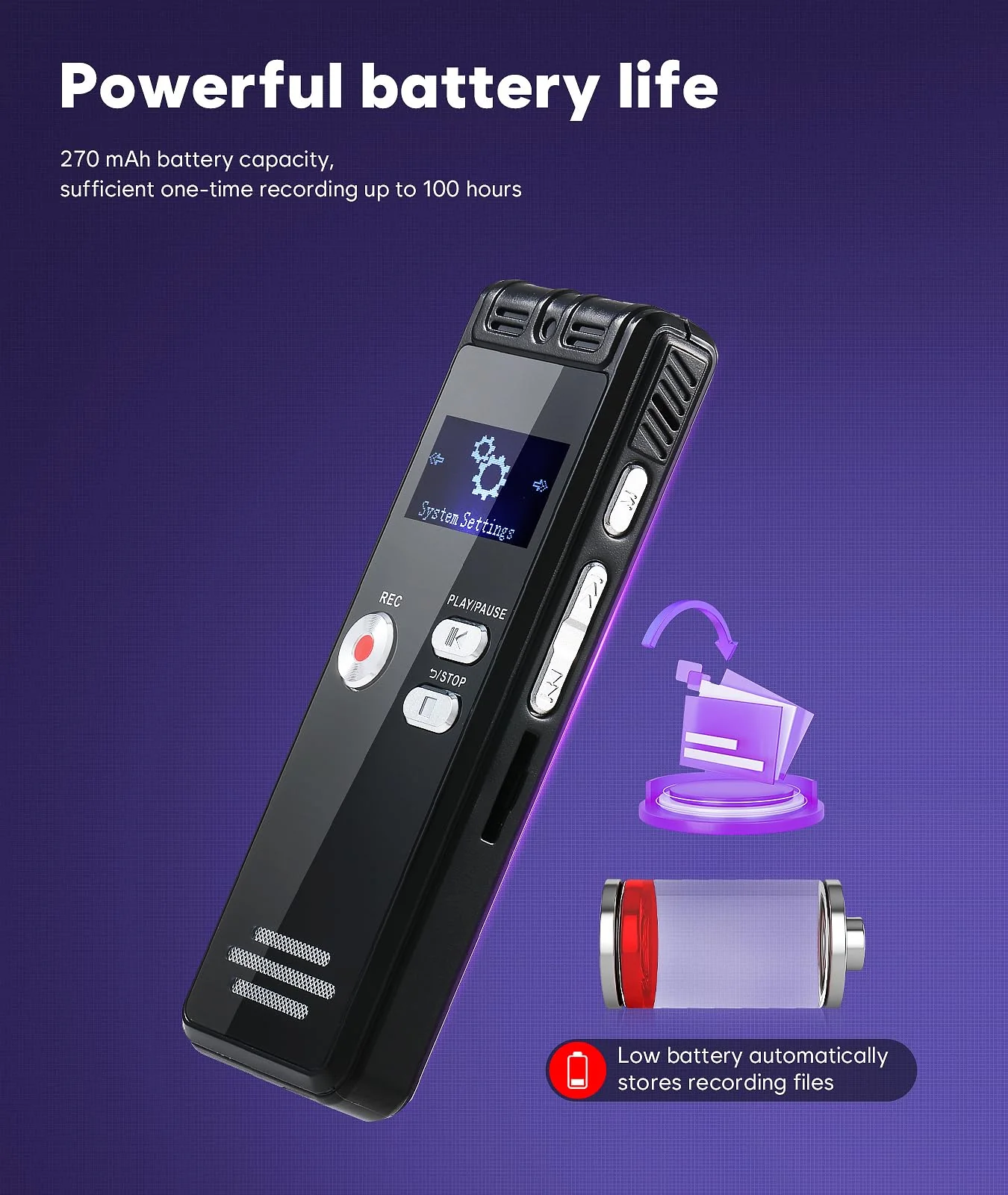 64GB Digital Voice Activated Recorder with Playback - 3072Kpbs HD Dual MIC Tape Voice Activated Recorder with Noise Reduction for Interviews/Meeting/Classes, 4608 Hours Audio Recording Device 601-64GB - Image 9