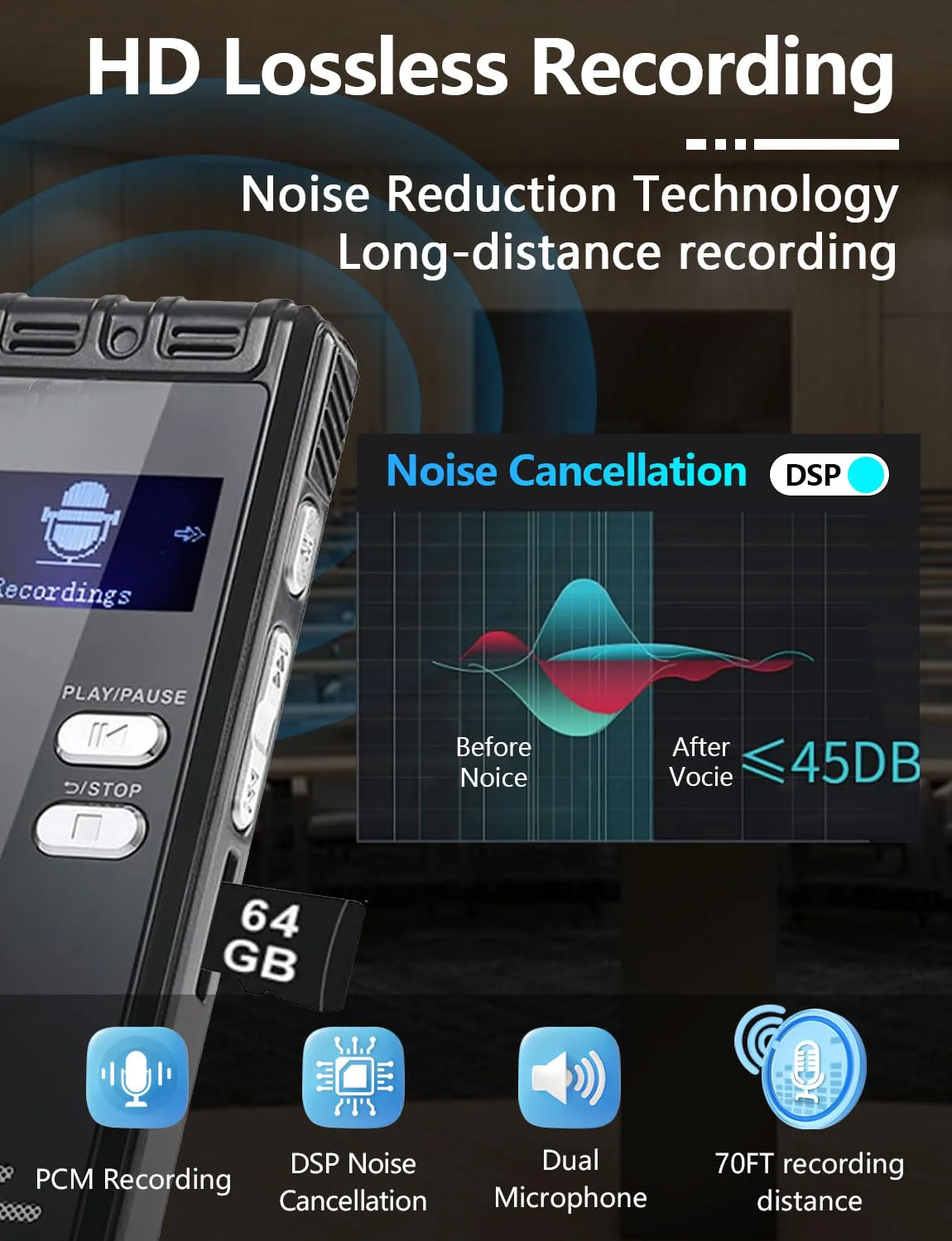 64GB Digital Voice Activated Recorder with Playback - 4552 Hours Audio Recording Device, 3072Kbps HD Dual MIC Tape Recorder Device for Lecture A-B Repeat, MP3 Player, Password,【64GB TF Card Included】 64GB - Image 2