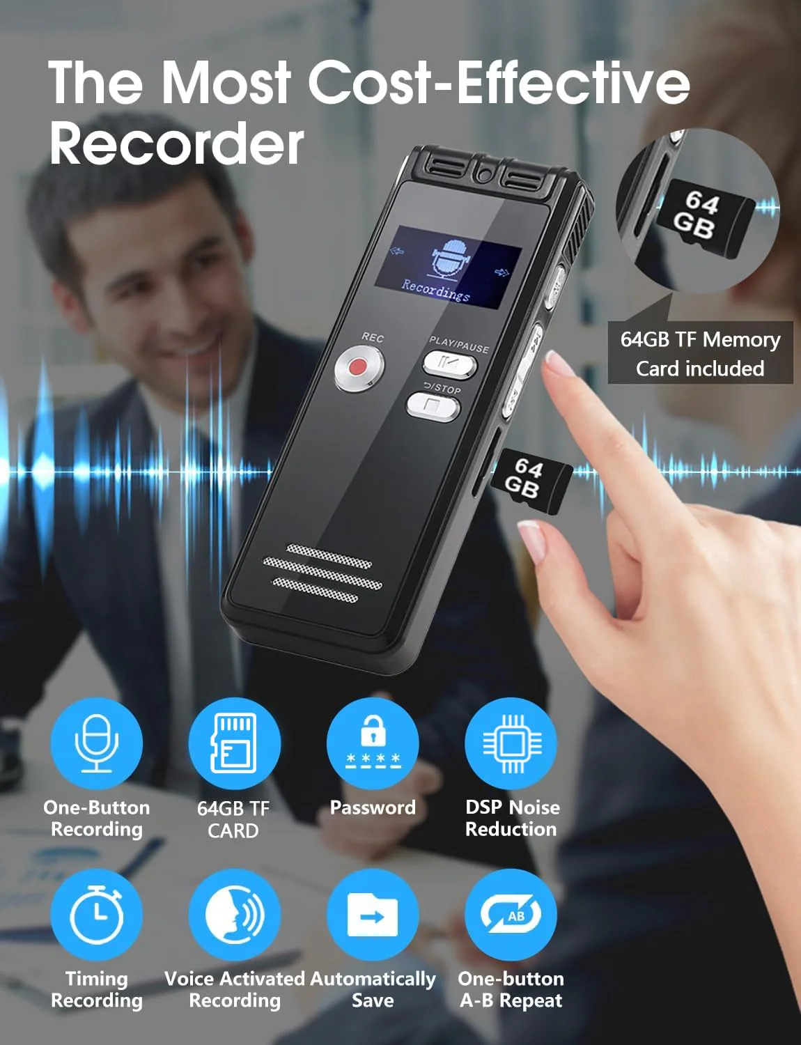 64GB Digital Voice Activated Recorder with Playback - 4552 Hours Audio Recording Device, 3072Kbps HD Dual MIC Tape Recorder Device for Lecture A-B Repeat, MP3 Player, Password,【64GB TF Card Included】 64GB - Image 7