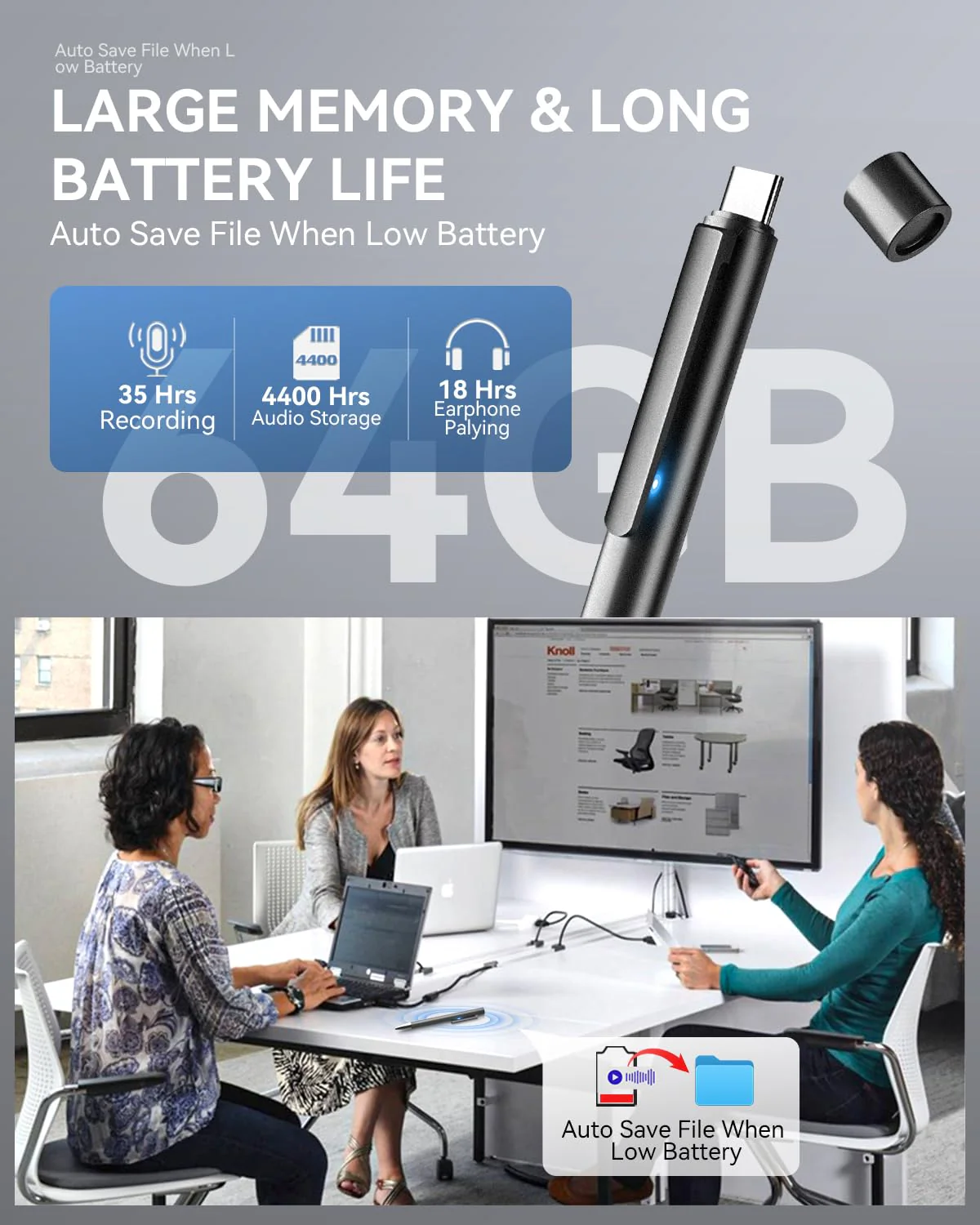 64GB Digital Voice Recorder, Recording Device with Noise Reduction, Voice Activated Tap Recorder for Lectures,Meetings, Work, Interviews, Class Black - Image 2