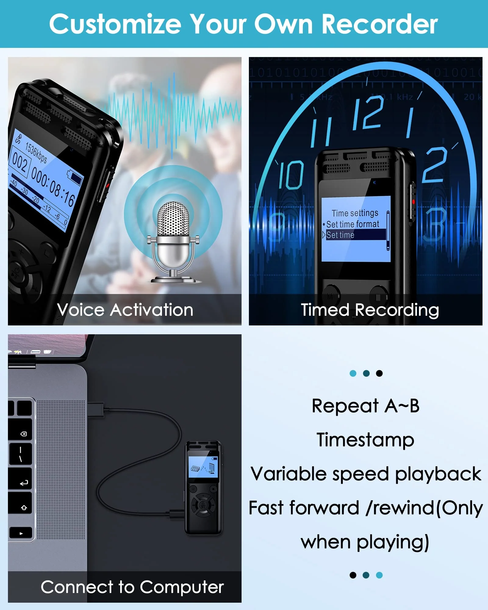 64GB Digital Voice Recorder, Wevoor Voice Activated Recorder with 560mAh Large Capacity Battery, Professional Recording Device with Playback, Password, Timed recording, Repeat, Variable Speed Playback - Image 5