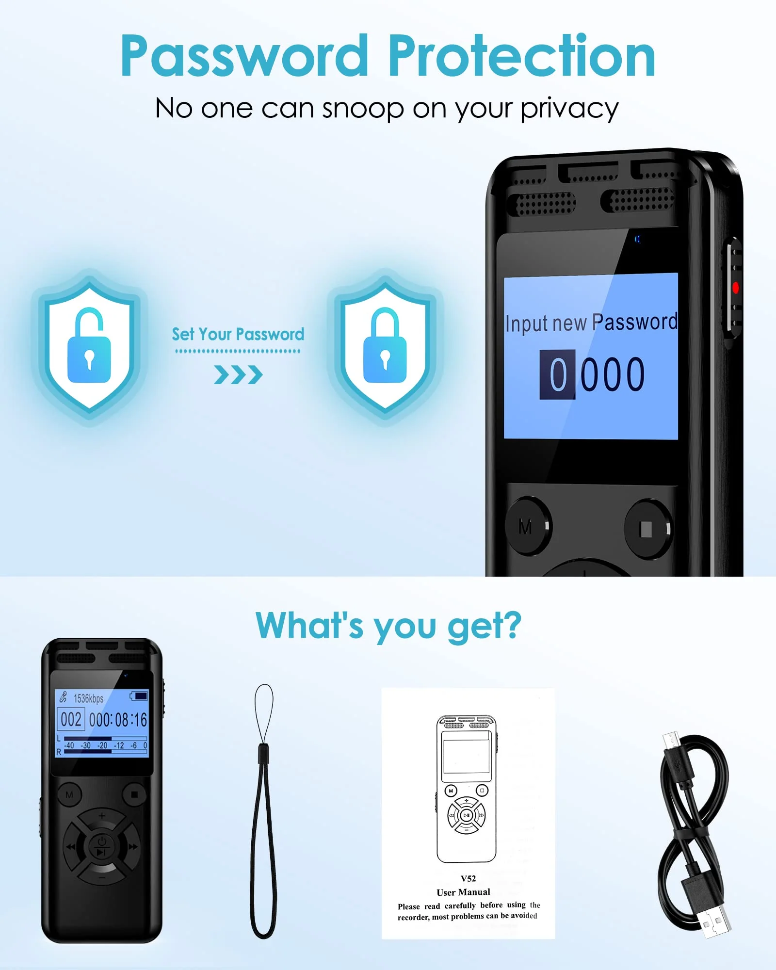 64GB Digital Voice Recorder, Wevoor Voice Activated Recorder with 560mAh Large Capacity Battery, Professional Recording Device with Playback, Password, Timed recording, Repeat, Variable Speed Playback - Image 6
