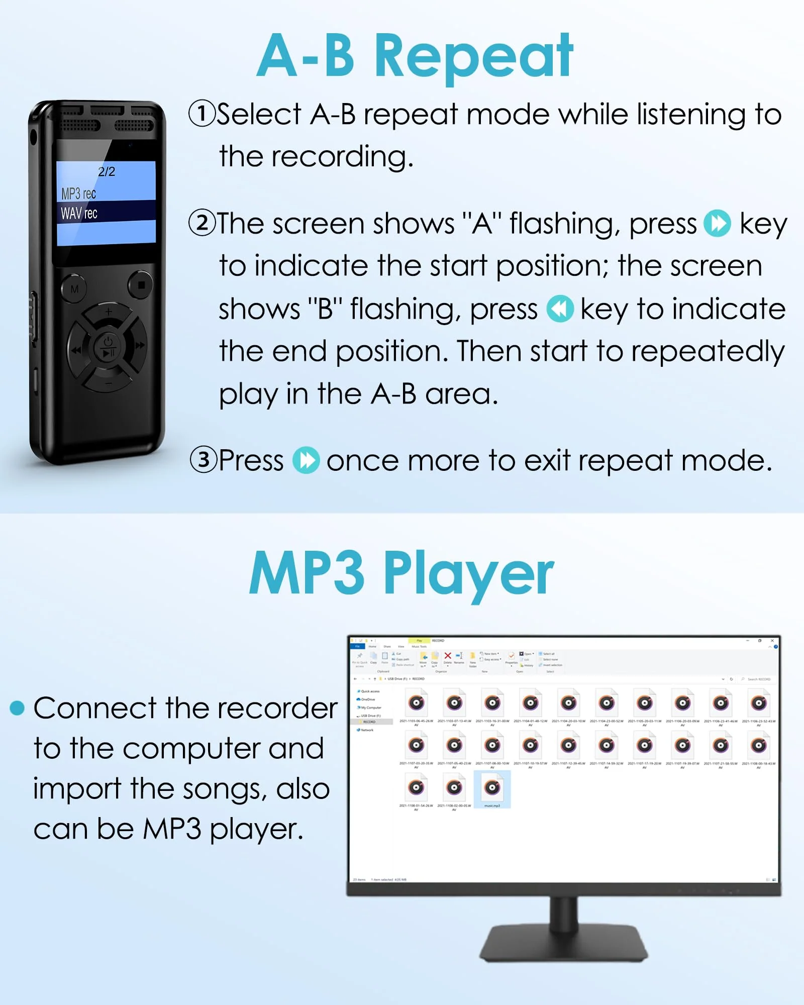 64GB Digital Voice Recorder, Wevoor Voice Activated Recorder with 560mAh Large Capacity Battery, Professional Recording Device with Playback, Password, Timed recording, Repeat, Variable Speed Playback - Image 7