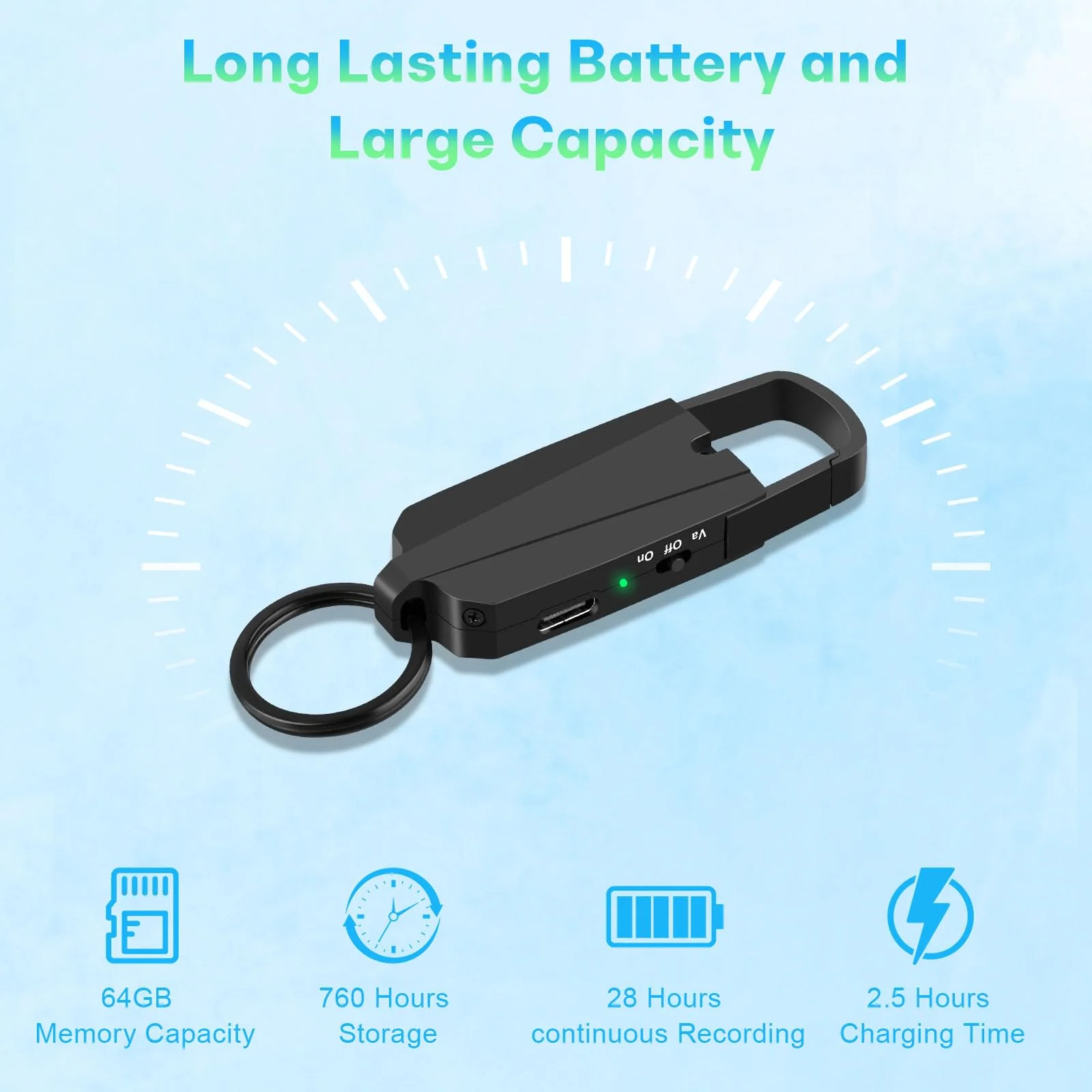 64GB Digital Voice Recorder with Playback - Keychain Voice Activated Recorders Audio Recording Device - 760 Hours Capacity for Lectures Meetings Music 64GB - Image 2