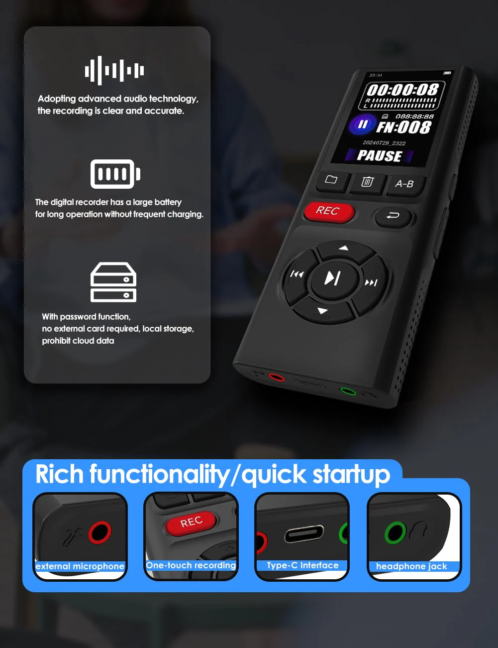 64GB Jaswill Digital Voice Recorder with Playback Long Battery 2-inch Screen MP3 Audio Recording for Meetings Lectures and Interviews Portable USB Recording Device with Voice Activation - Image 7