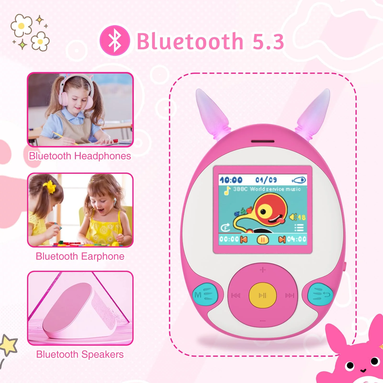 64GB MP3 Player for Kids, Kids MP3 Player with Bluetooth, Front Speaker, Games, Recorder, Ear Lights, Alarm, Music Player Expandable Up to 128GB(Earbud, Aux Cable, Lanyard Included) Pink - Image 3