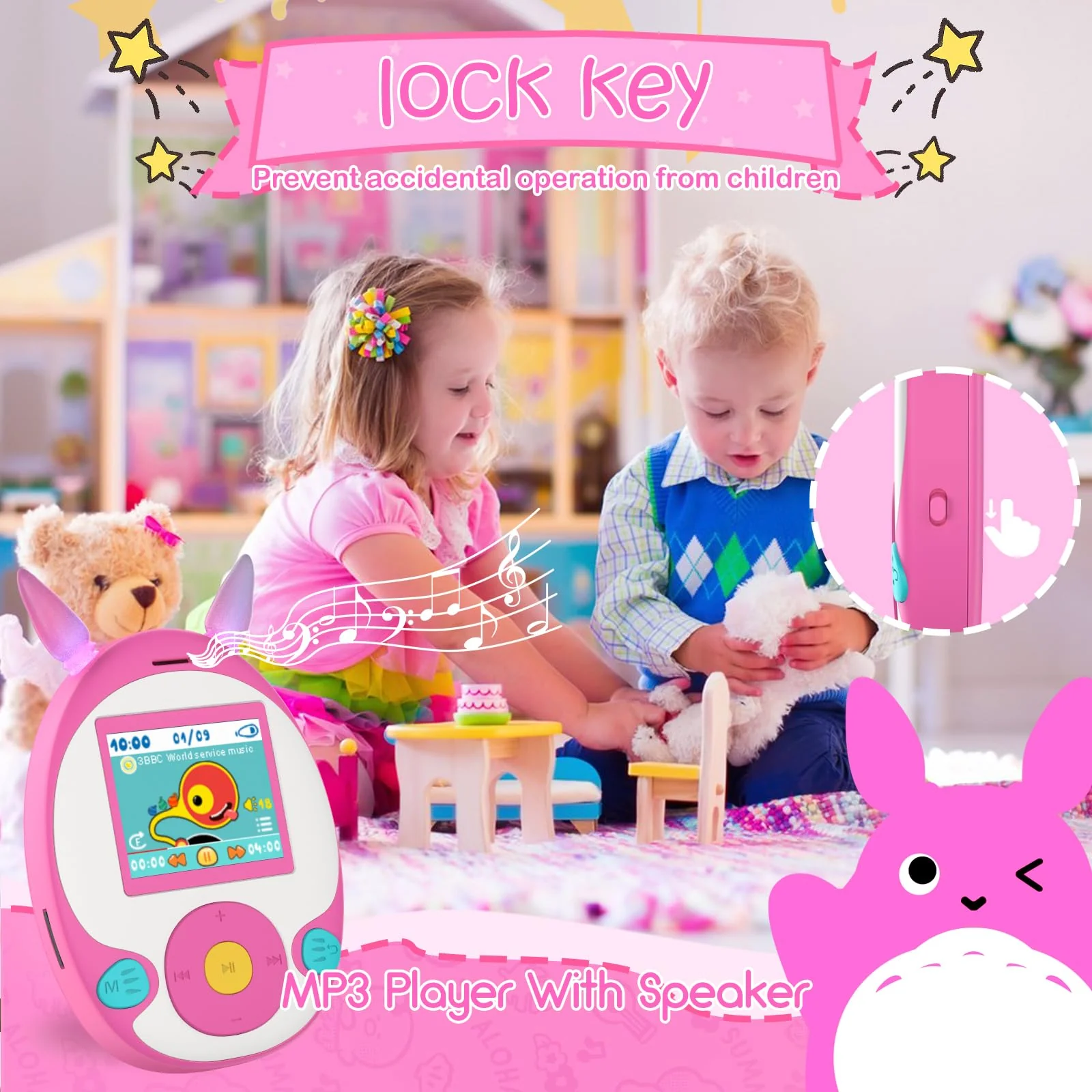 64GB MP3 Player for Kids, Kids MP3 Player with Bluetooth, Front Speaker, Games, Recorder, Ear Lights, Alarm, Music Player Expandable Up to 128GB(Earbud, Aux Cable, Lanyard Included) Pink - Image 4