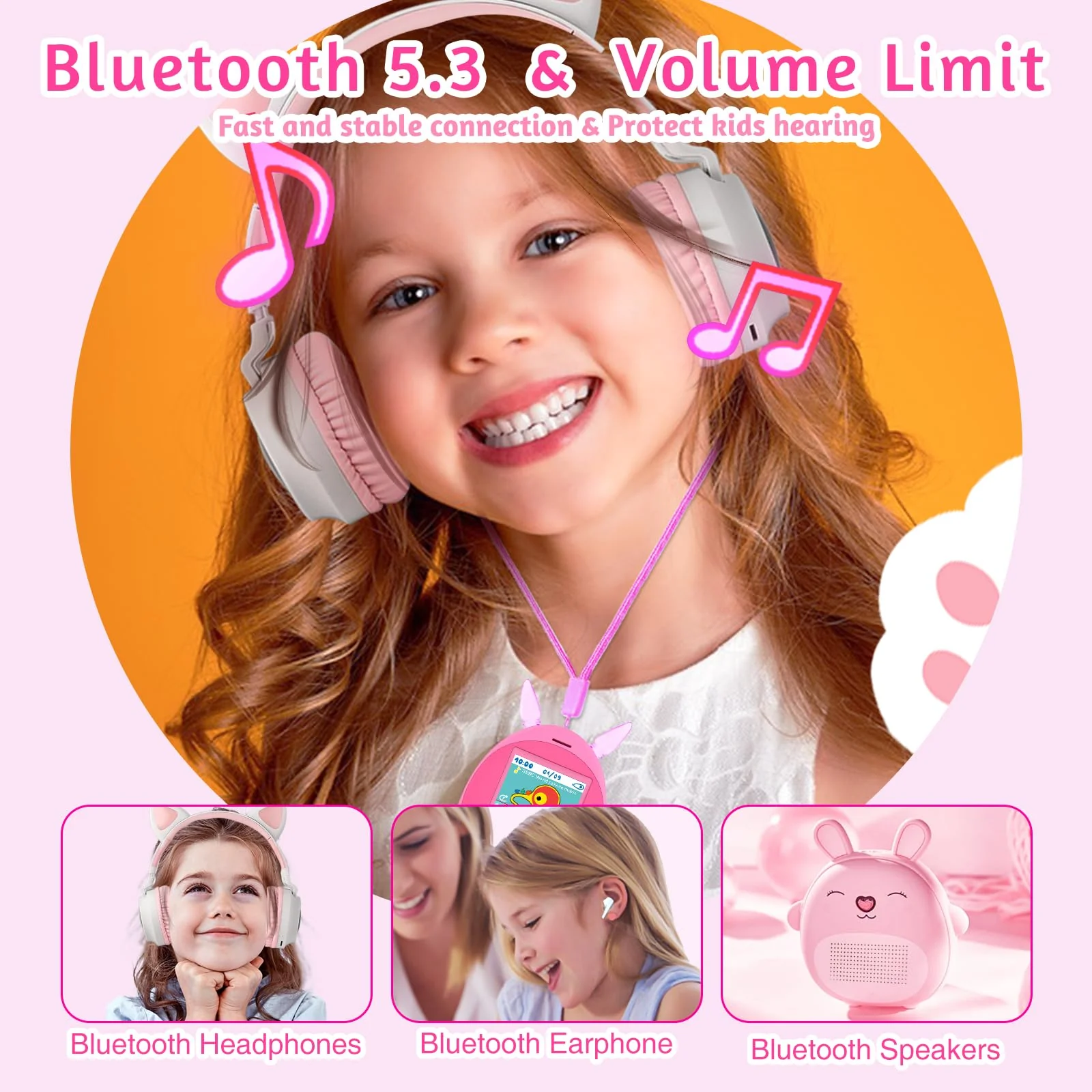 64GB MP3 Player for Kids, Kids MP3 Player with Bluetooth,Speaker, Games, Recorder, Ear Lights,Soothing Sounds, Alarm Clock, Stopwatch and 100hrs Loseless Music Playback(Support up to 128GB) pink - Image 2