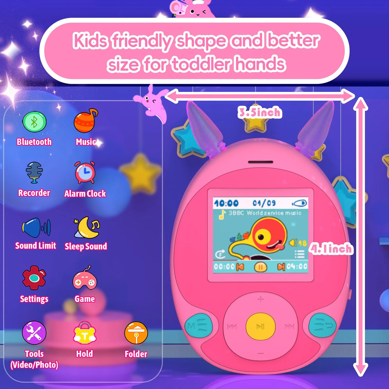 64GB MP3 Player for Kids, Kids MP3 Player with Bluetooth,Speaker, Games, Recorder, Ear Lights,Soothing Sounds, Alarm Clock, Stopwatch and 100hrs Loseless Music Playback(Support up to 128GB) pink - Image 3