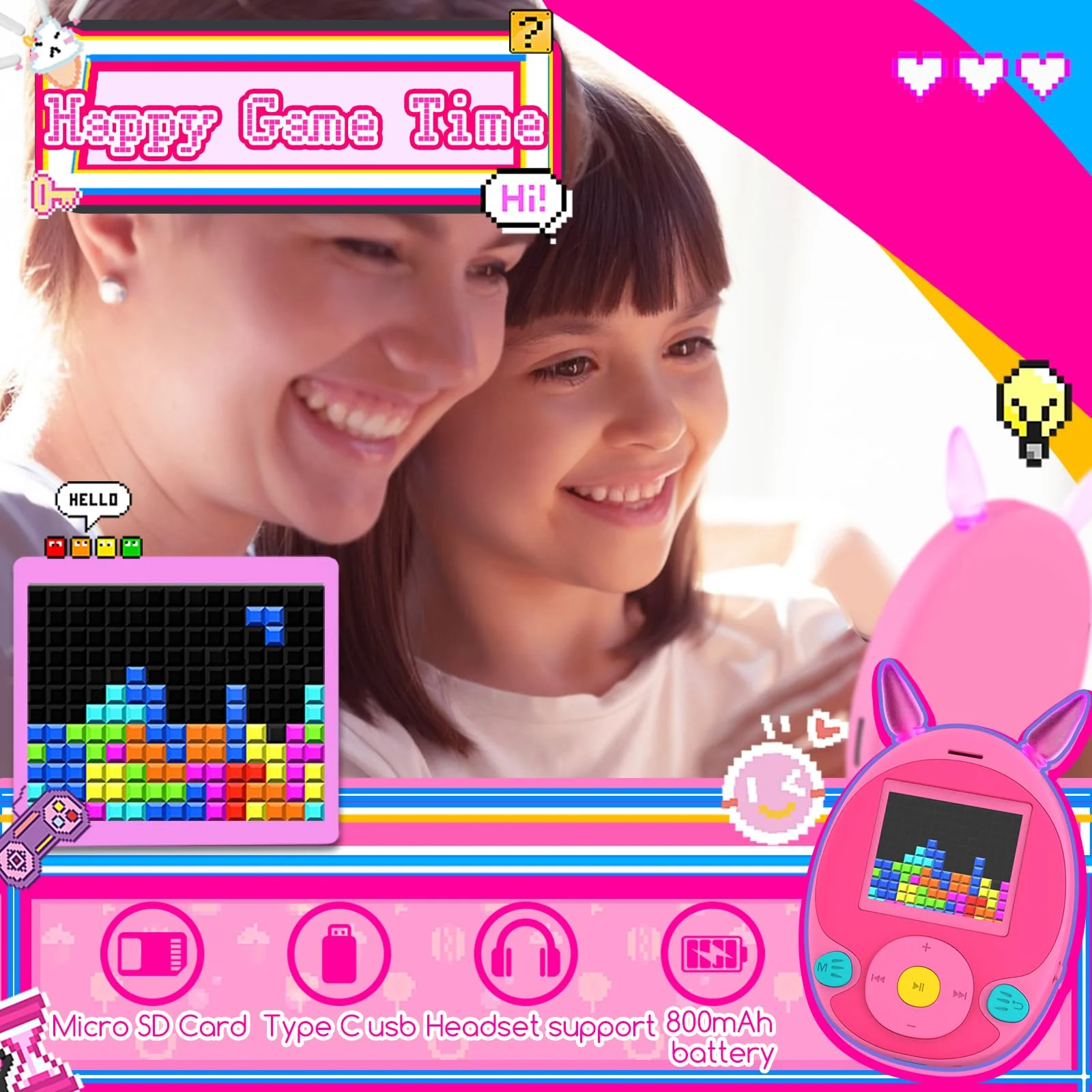 64GB MP3 Player for Kids, Kids MP3 Player with Bluetooth,Speaker, Games, Recorder, Ear Lights,Soothing Sounds, Alarm Clock, Stopwatch and 100hrs Loseless Music Playback(Support up to 128GB) pink - Image 6