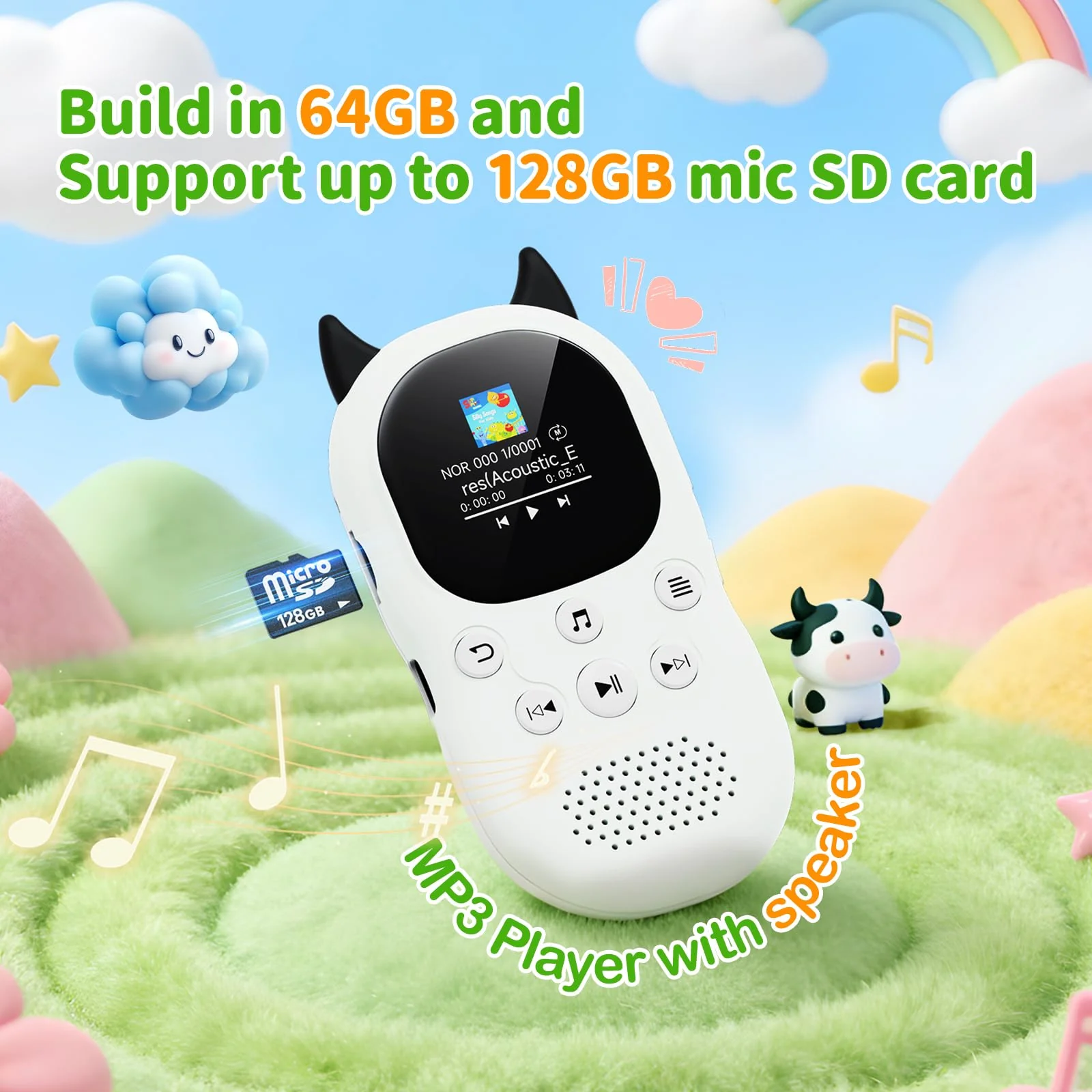 64GB mp3 Player for Kids with Bluetooth 5.3,Child Music Player with Speaker, FM Radio, Voice Recorder, Alarm Clock, Stopwatch, One Click to Play, Expandable up to 128GB,Cute Cow Shape, Free Lanyard Off-white - Image 2